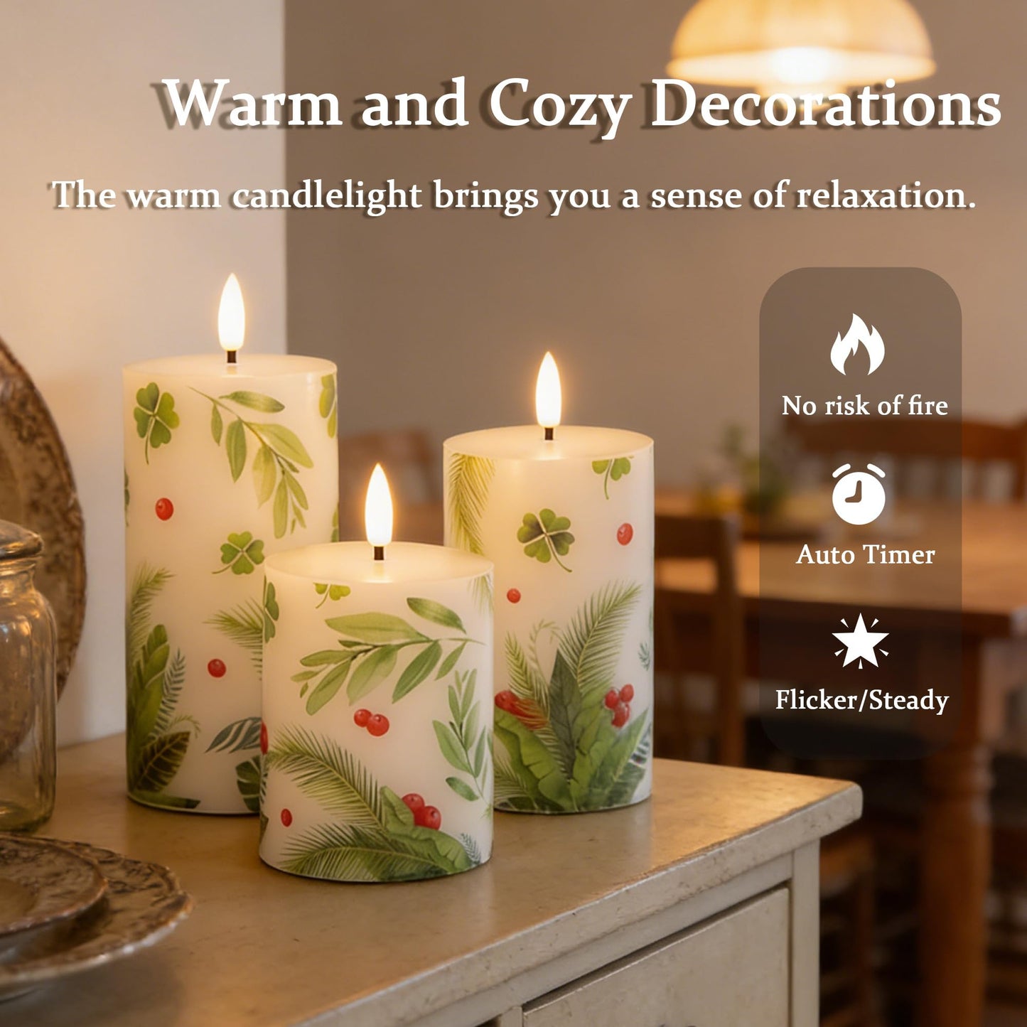 JOIONE Flameless Pillar Candles with Remote, 3 Pack Battery Operated Real Wax Green LED Candles, Perfect for Spring Summer Home Decorations Fireplace Table, Shamrock