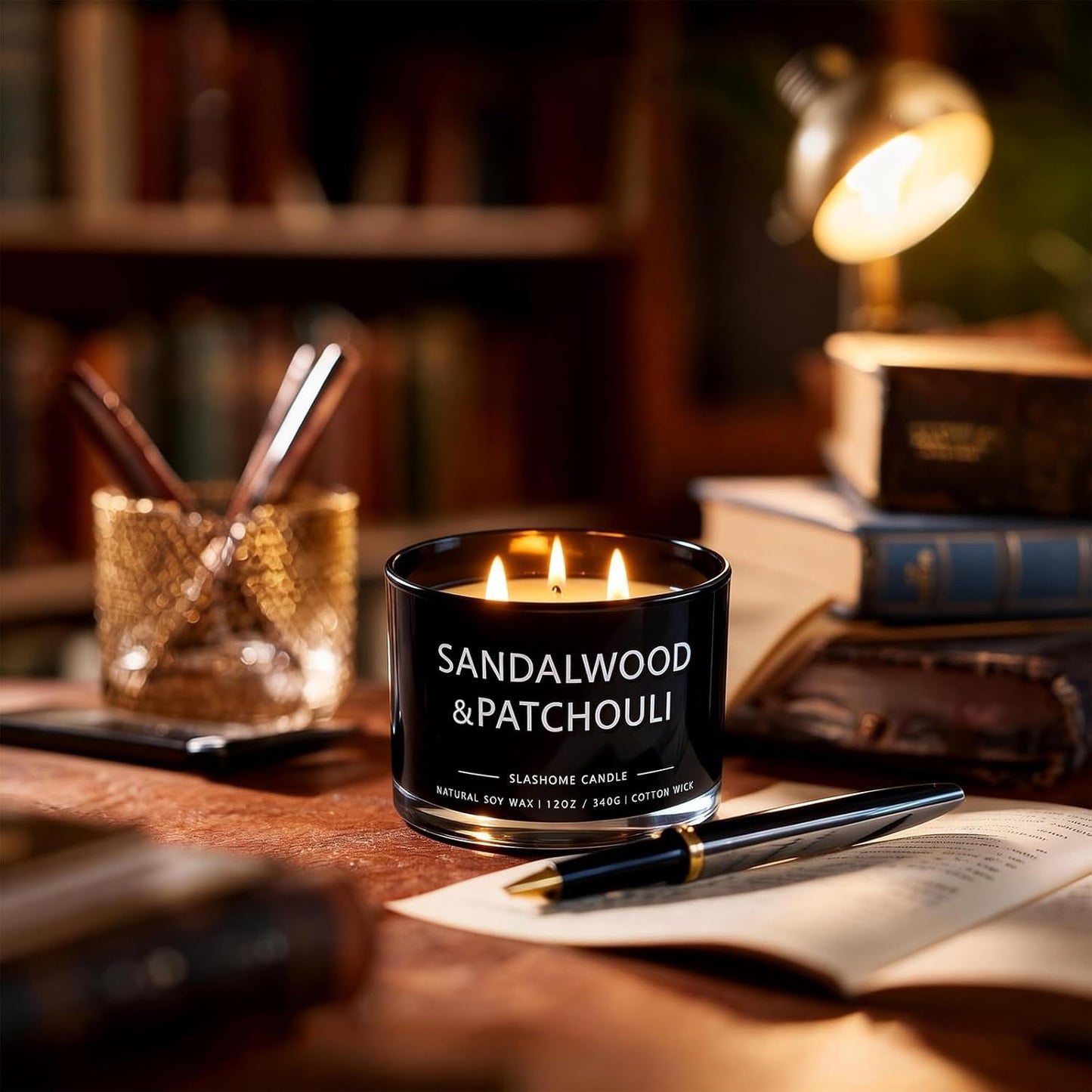 Sandalwood & Patchouli Scented Candle, Luxury Large 3 Wick Soy Candle 12 Oz, 60+ Hour Long Lasting Clean Burn, Elegant Aromatherapy Home Decor, Housewarming & Birthday Gift for Men & Women