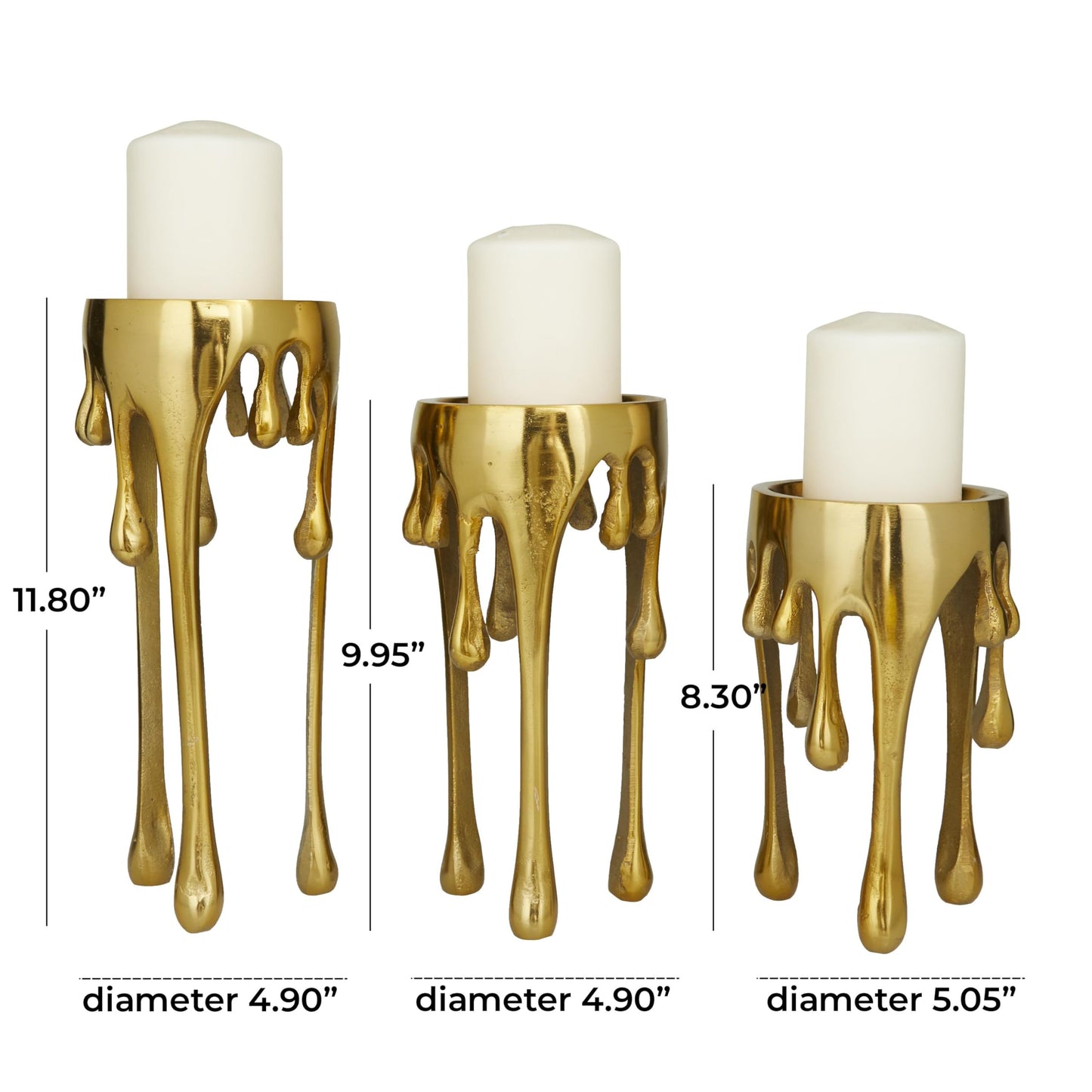 CosmoLiving by Cosmopolitan Aluminum Metal Abstract Decorative Candle Holder Melting Drip Candle Stand, Set of 3 Candlestick Holder 12", 10", 8"H, Gold