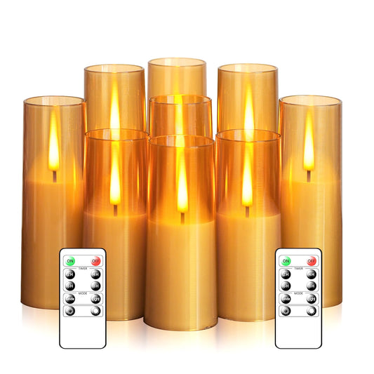 Sasigeiaa Flickering Flameless Candles,Battery Operated, Flameless Candles with Remote, 2/4/6/8 Hour Timer, Realistic Jumping Flame Effect, Perfect for Home Decor, Holiday Decoration Pcs 9 (Gold)