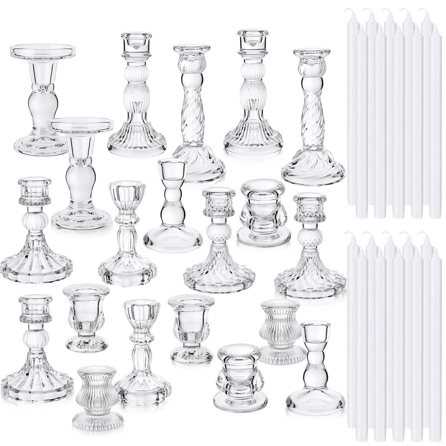 Mumufy 20 Sets Glass Crystal Taper Candle Holders Stand Centerpiece Bulk with 10 in Taper Candles Sticks Clear Decorations Table Wedding Dining Party (Transparent)