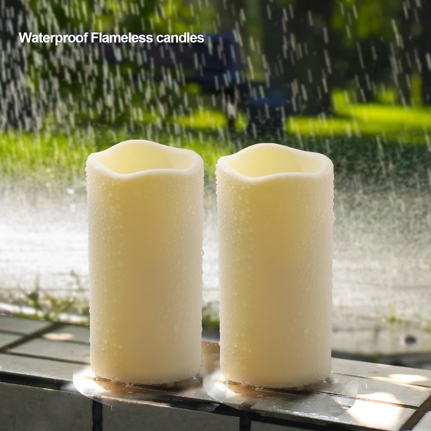 Biyanuo 2PACK Outdoor Plastic flameless Candles with Remote Control and Timer, LED Flickering Battery Operated Electric Pillar Candles (D3 xH5.5) for Camping, Weddings, Home Decoration