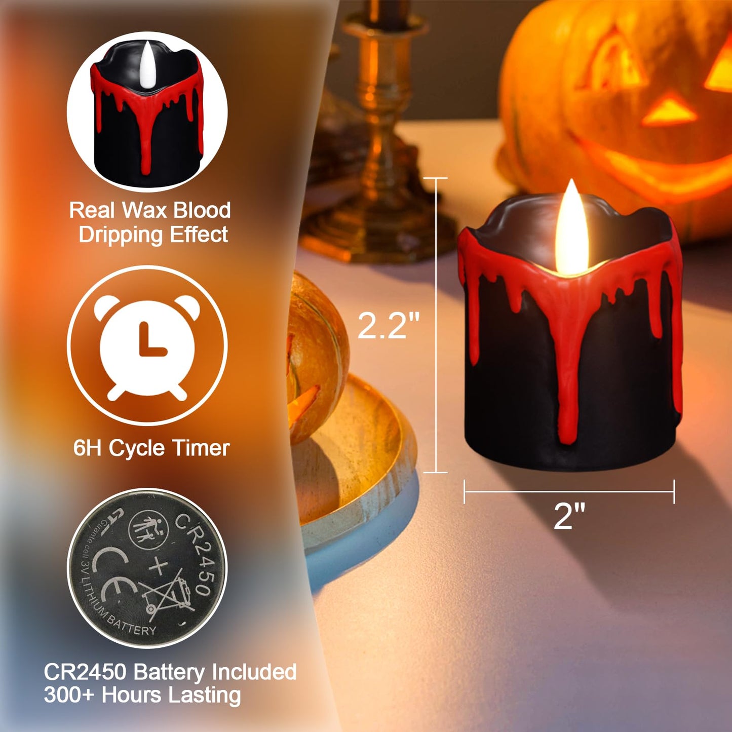 Eldnacele Black Votive Flameless Candles Battery Operated with Timer, 300+ Hour Blood Dripping Wax Tea Lights Flickering Electric LED Candles Fall Dinner Decor Spooky Halloween Lights(6Pcs,2"×2.2")