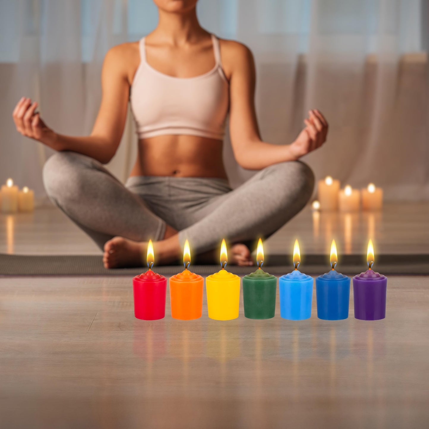 Mega Candles 7 pcs Unscented Chakra Votive Candles, Hand Poured Premium Wax Candle 15 Hours 1.5 Inch x 2.25 Inch, 100% Cotton Wick, Positive Healing Energy, Meditation, Relaxation, Reiki, Yoga