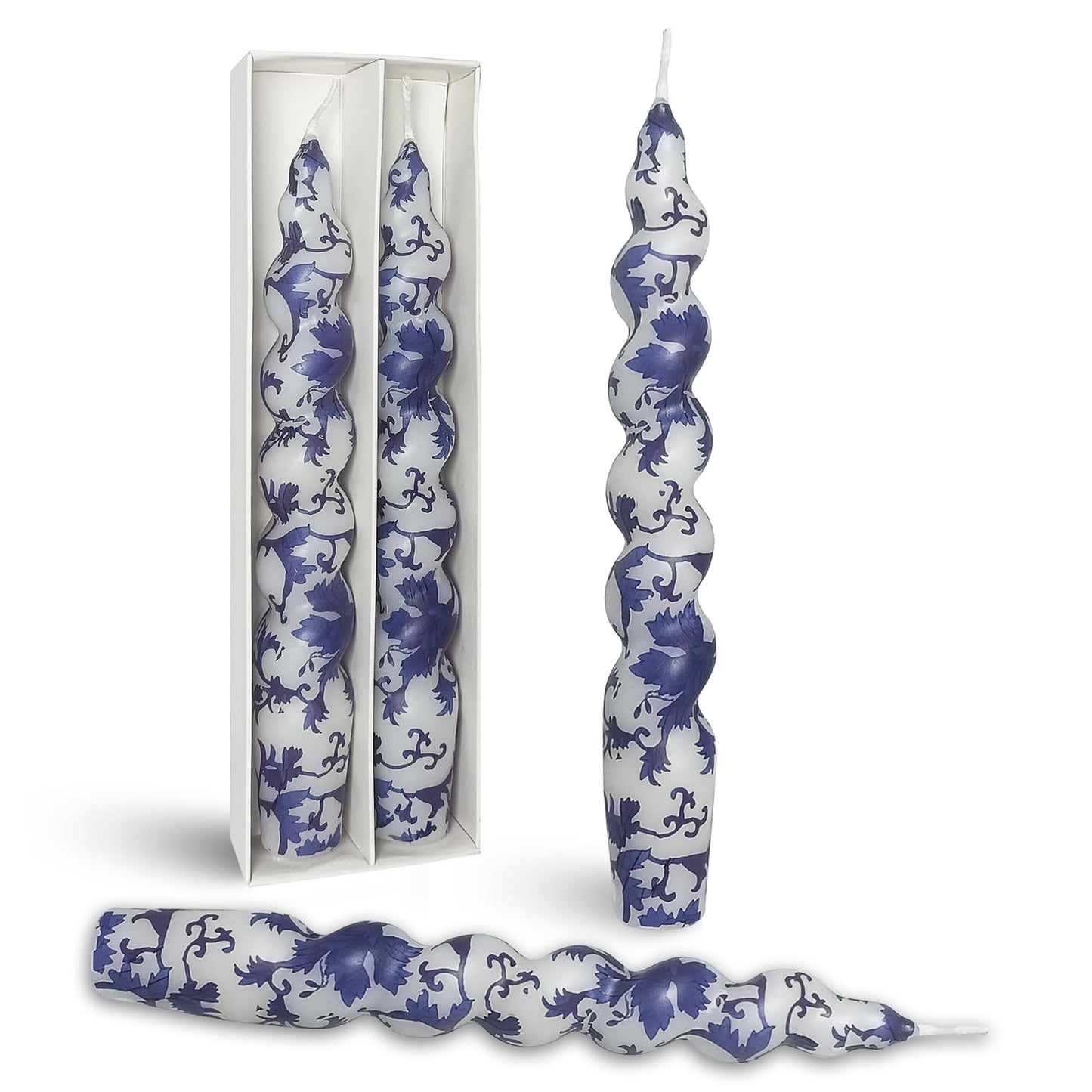 Short Taper Candle Blue and White Porcelain Candles Floral Print Spiral Candlesticks 7.5 Inch Handmade Candle Sticks for Home Wedding Party Decor Gifts Set of 2