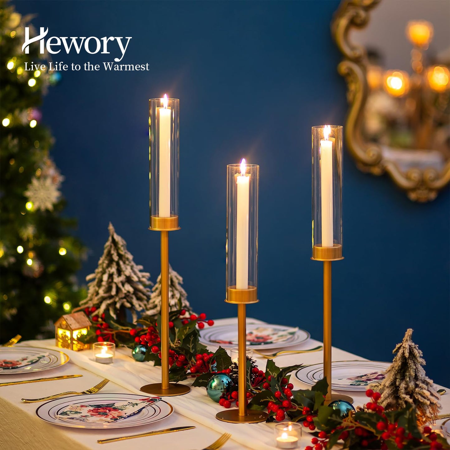 Hewory Gold Tall Hurricane Candlestick Holders: 12Pcs Brass Taper Candle Holder Candelabra Centerpieces, Candle Stick Holders with Candle Cover for Wedding Dinner Christmas Decor