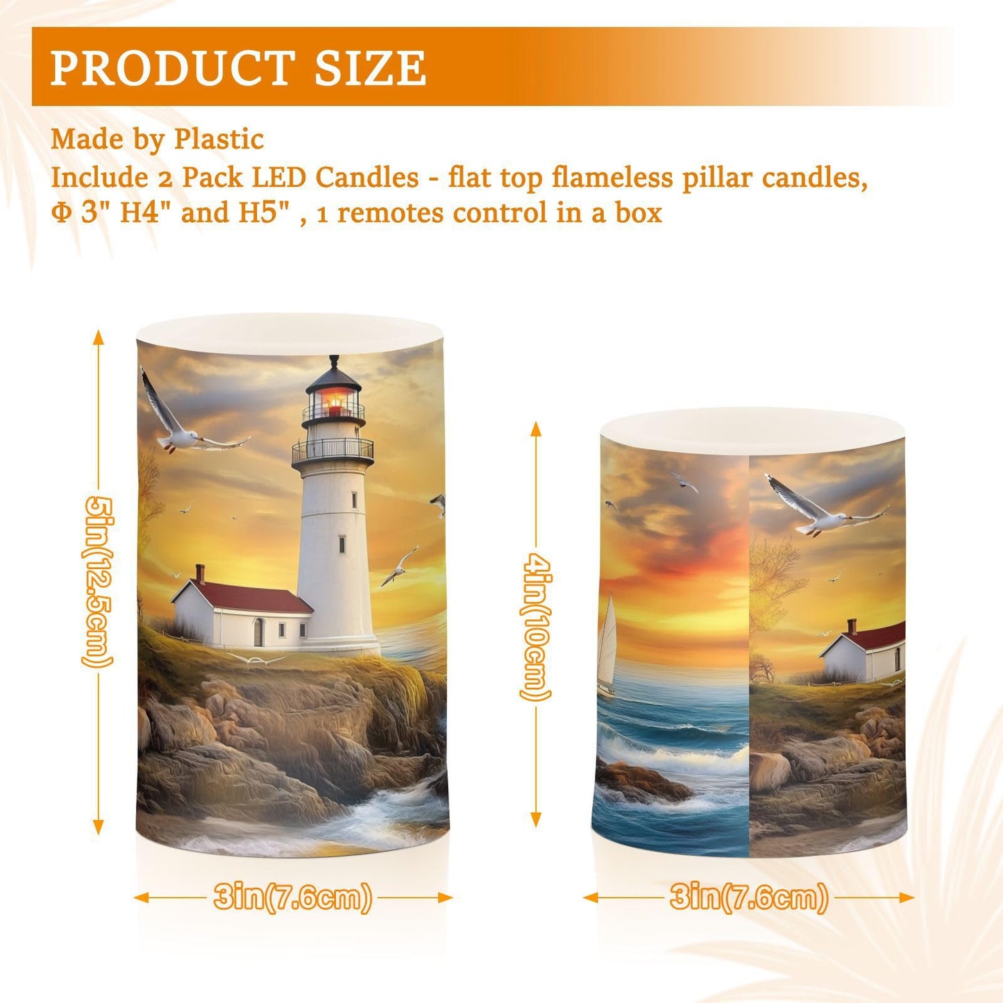 WEVIBOFU Lighthouse Ocean Seagulls Sailboat Flickering Flameless Candles LED Battery Operated with Remote Timer Pillar Candles for Home Birthday Wedding Christmas Decor, Set of 2
