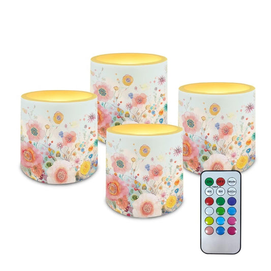 Cozeyat Wildflower Flameless Candles 4 Pack Battery Operated LED Pillar Candles with Remote Control Timer Waterproof for Indoor Outdoor Use