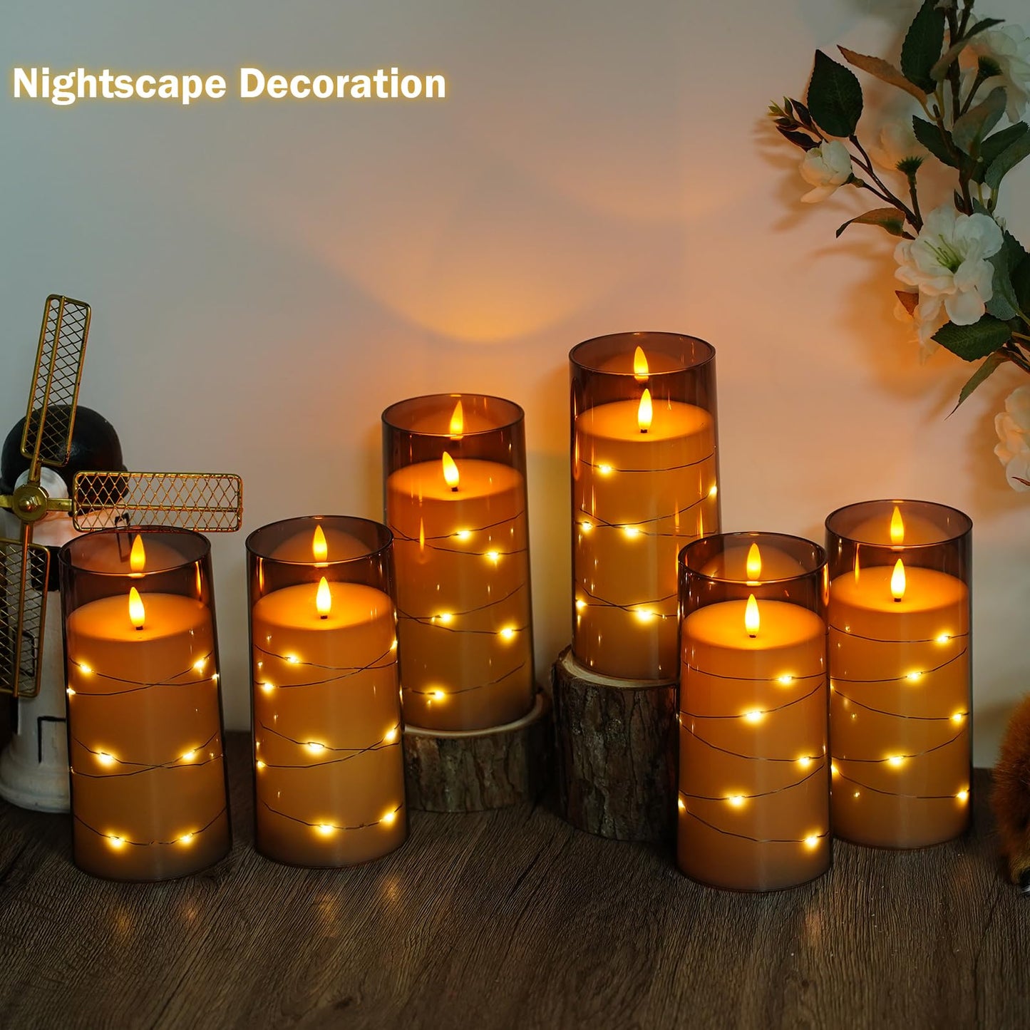 Flickering Flameless Candles with Remote Timer, 6pcs LED Battery Operated Candles with Embedded String Lights Grey, D3 H6
