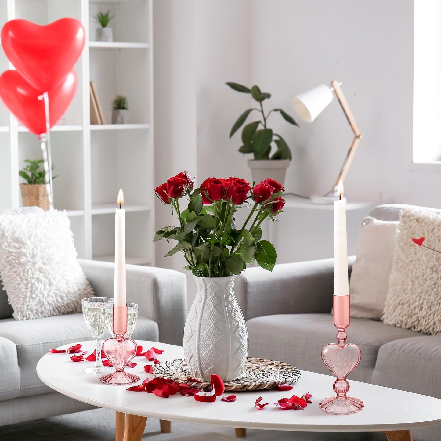 Mumufy 3 Pcs Valentine's Day Glass Candlestick Holders Heart Glass Taper Candle Holder Valentines Heart Candle Stick Vase Decor for Galentine's Day Wedding Festival Party Table Centerpiece(Pink)