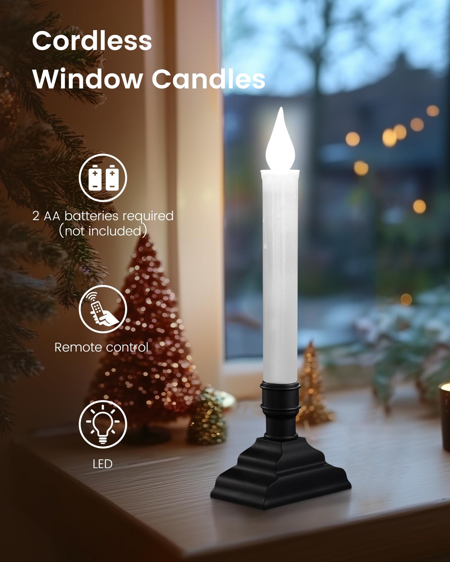 SURAIELEC Battery Operated Christmas Window Candles with Remote, Timer, Dimmable, Window Candle Lights with Removable Candle Holders, Christmas Candles for Window, Mantel, Matte Black, 4-Pack
