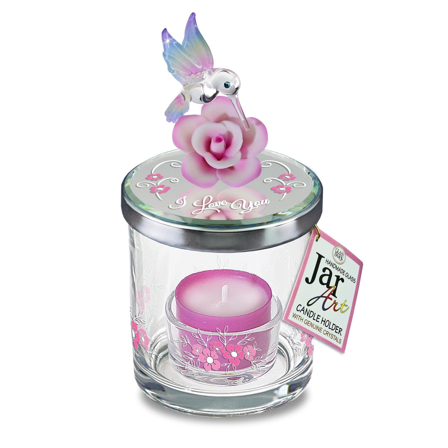 Glass Baron Candle Holder Jar, Blown Glass Hummingbird Lid with Airbrushed Porcelain Flower & Austrian Crystal Accents, 5.5 x 3 inches