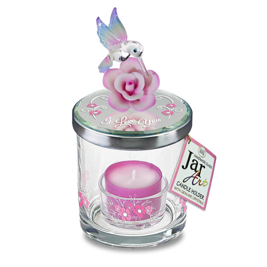 Glass Baron Candle Holder Jar, Blown Glass Hummingbird Lid with Airbrushed Porcelain Flower & Austrian Crystal Accents, 5.5 x 3 inches