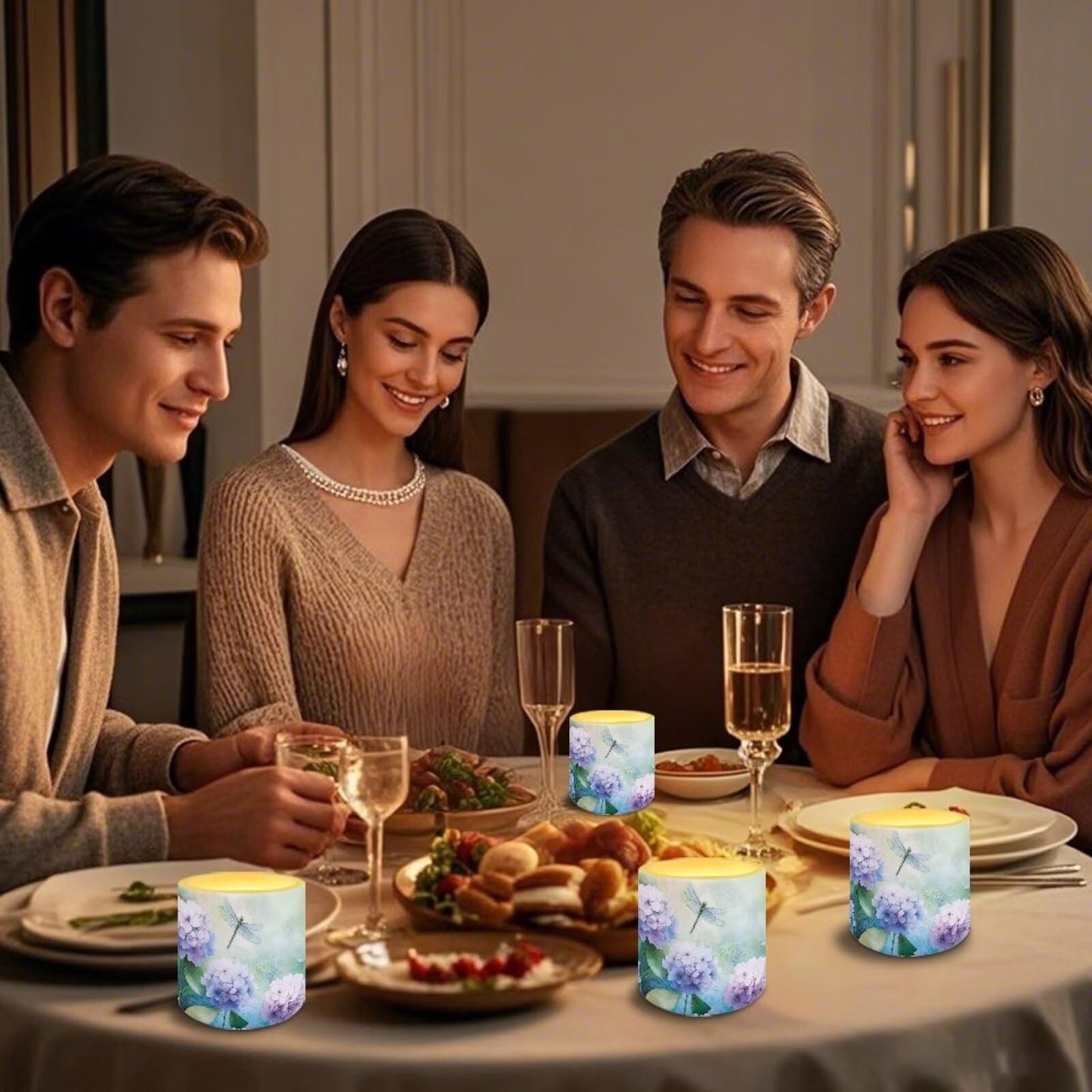 Cozeyat Hydrangea Dragonfly Elegant Flameless Candles 4 Pack Waterproof Battery Operated LED Pillar Candles with Remote Control Timer for Home Patio Garden Decoration