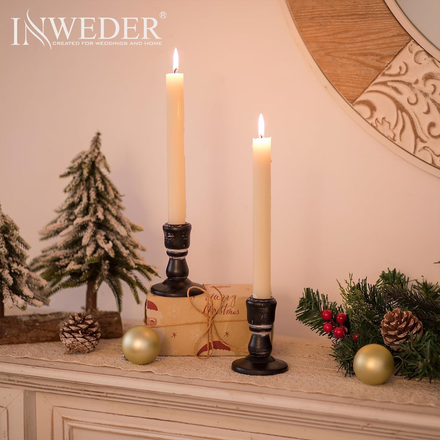 Inweder Wooden Taper Candle Holders: Wood Candlestick Holders Rustic Black Farmhouse Fall Decor for Halloween Living Room Dinning Table Centerpiece Christmas Set of 2