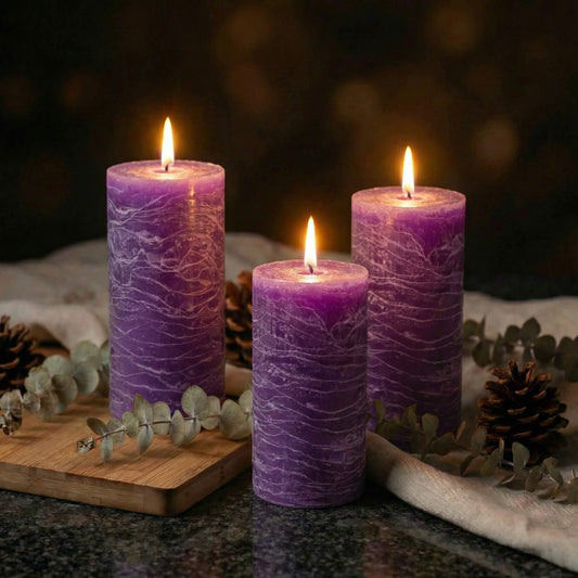 Richland Set of 3 Pillar Candles 3" x 6" Unscented (Lavender Rustic) for Weddings Home Holidays Relaxation Spa Church
