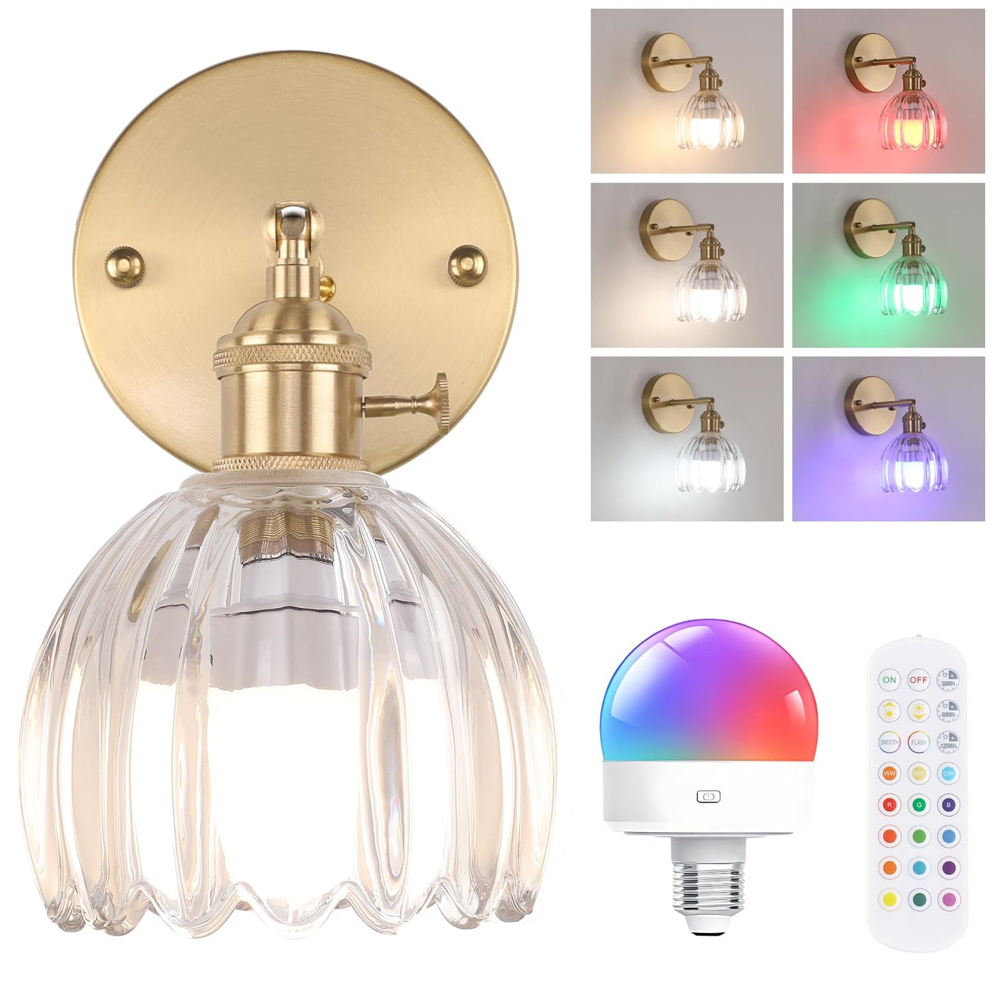 Shenmoyl Vintage Battery Operated Wall Sconce with Transparent Tulip Glass Lampshade Rechargeable Battery Powered Wall Light with Remote Control for Bedside Bedroom Doorway
