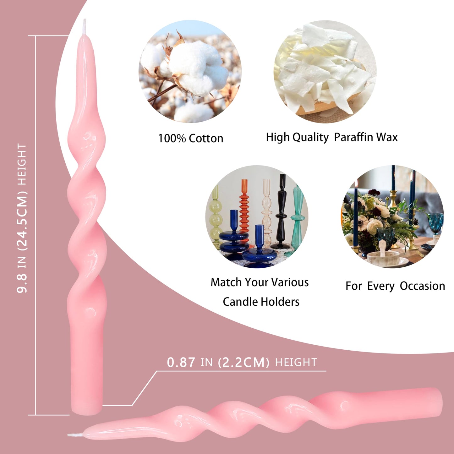 Pink Taper Candles Set of 4, 10 Inch Handmade Spiral Candle, Twisted Candles Shape Design, Unscented Candle Sticks for Wedding Dinner Home Decor Gift