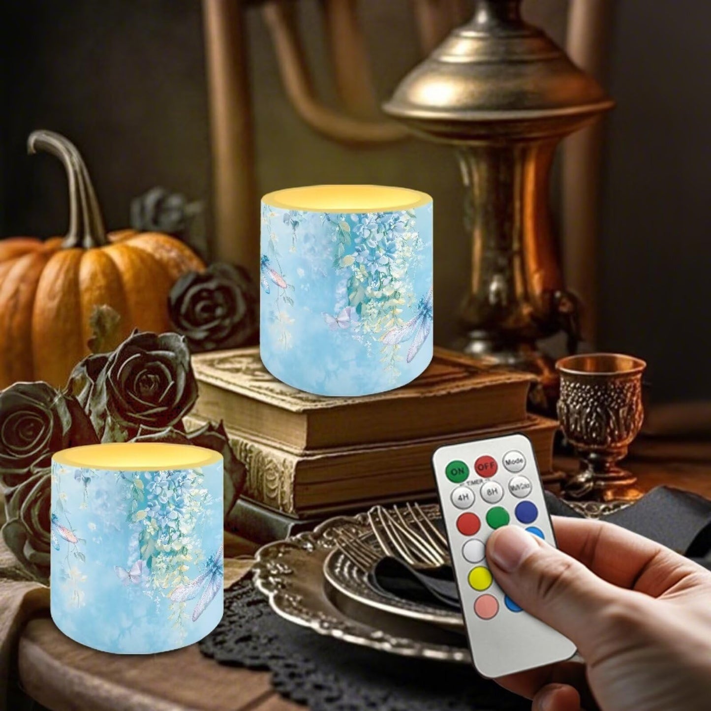 Cozeyat Sky Blue Flameless Candles 4 Pack Battery Operated LED Pillar Candles with Remote Control Timer Waterproof for Indoor Outdoor Use