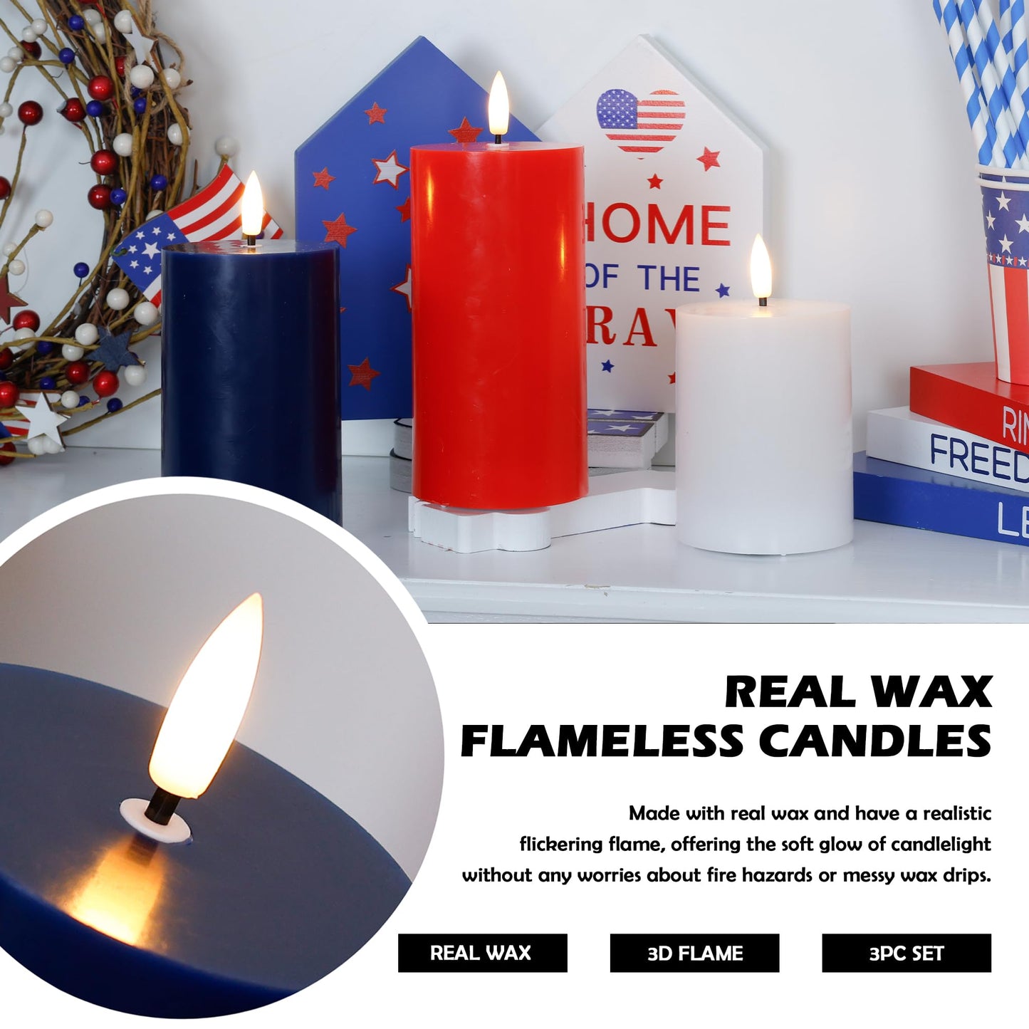 JOIONE 4th of July Red White and Blue Flameless Pillar Candles with Remote, 3 Pack Patriotic Battery Operated Real Wax LED Candles, Perfect for Independence Day Home Decorations Fireplace Table