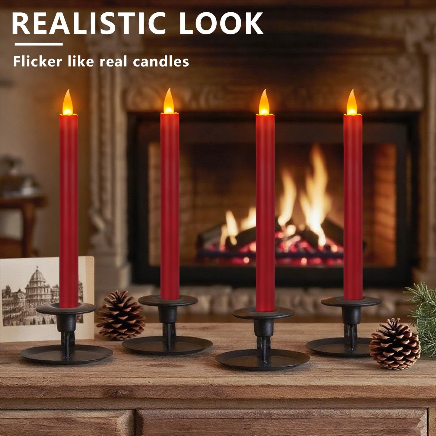 Flameless Taper Candles 10" Dripless Battery Operated Taper Candles Included Remote Timer 400+ Hours by 2AA Batteries for Halloween Christmas Wedding (Burgundy, 24 Pack)