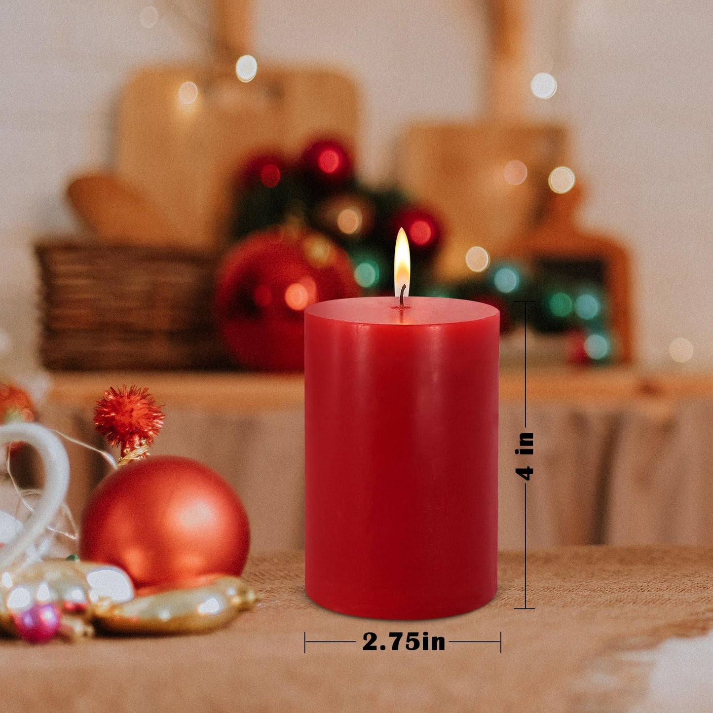 2.75“ x 4” Hand Poured Unscented Candles, Dripless Pillar Candles Set of 6, Long Burning, Burn Time Approx. 40 Hours, Rustic, Weddings, Dinner Parties, Christmas, and Home Décor （Red）
