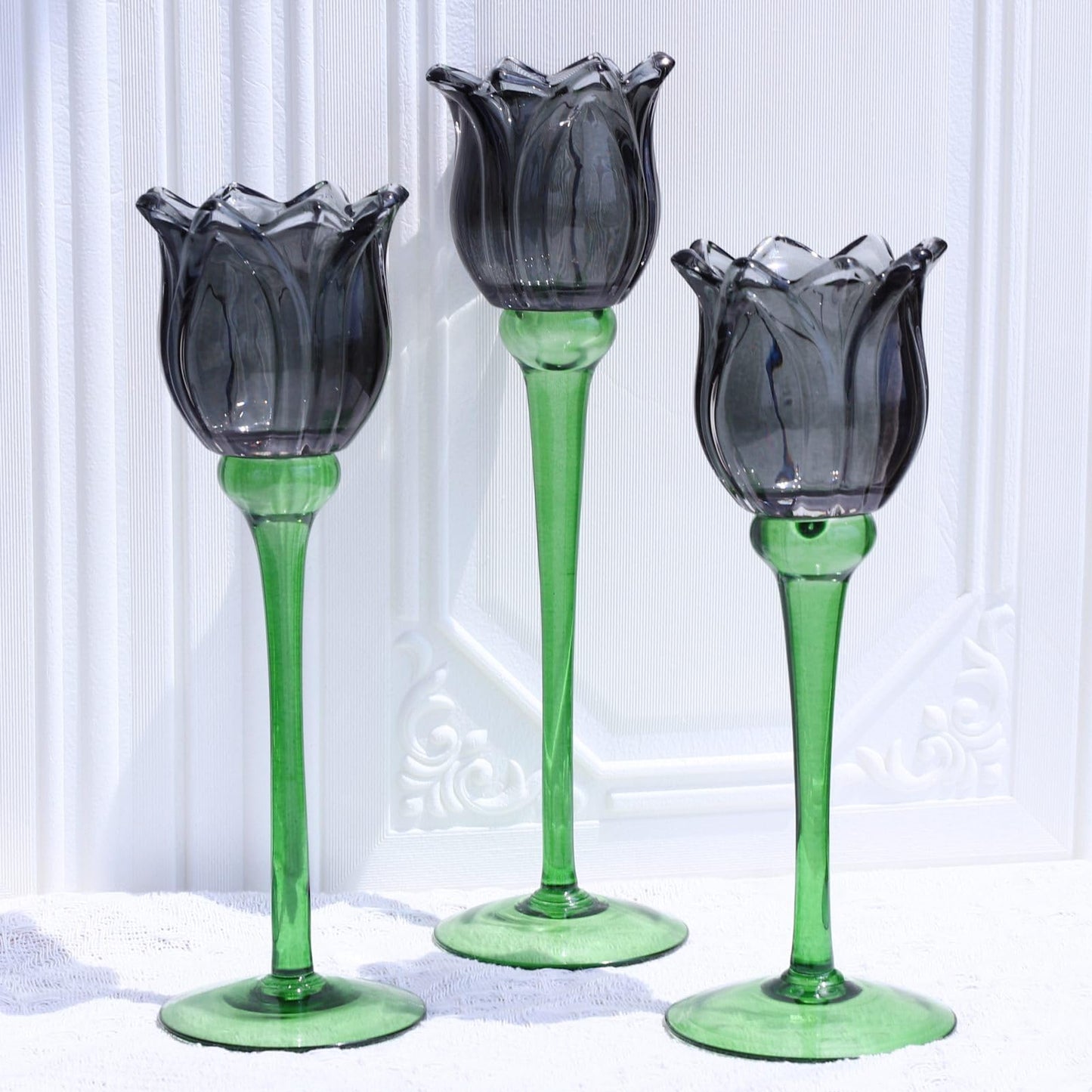 VOHO Light Black Flower Tealight Candle Holder Set of 3, Holiday Decorative Votive Candle Holders for Halloween Theme Party, Different Heights Tulip Tea Lights Candle Holder for Modern Farmhouse Decor