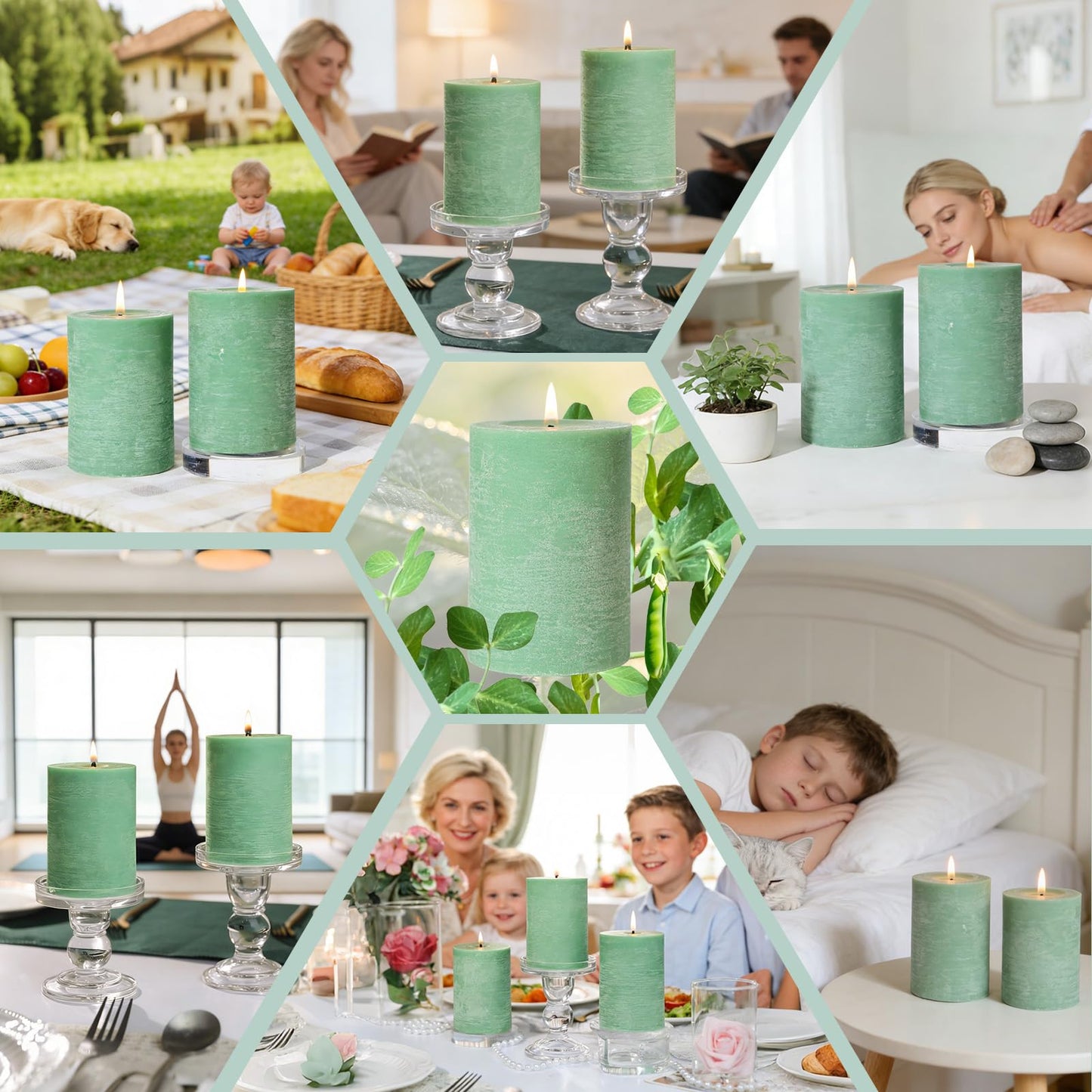 6 Pack Sage Green Soy Pillar Candles - 330H Total Burn Time - 2.8x4” Rustic Textured Natural Wax- Smokeless & Clean Burning Unscented Hand-Poured Candles for Spring Home, Modern Farmhouse Decor