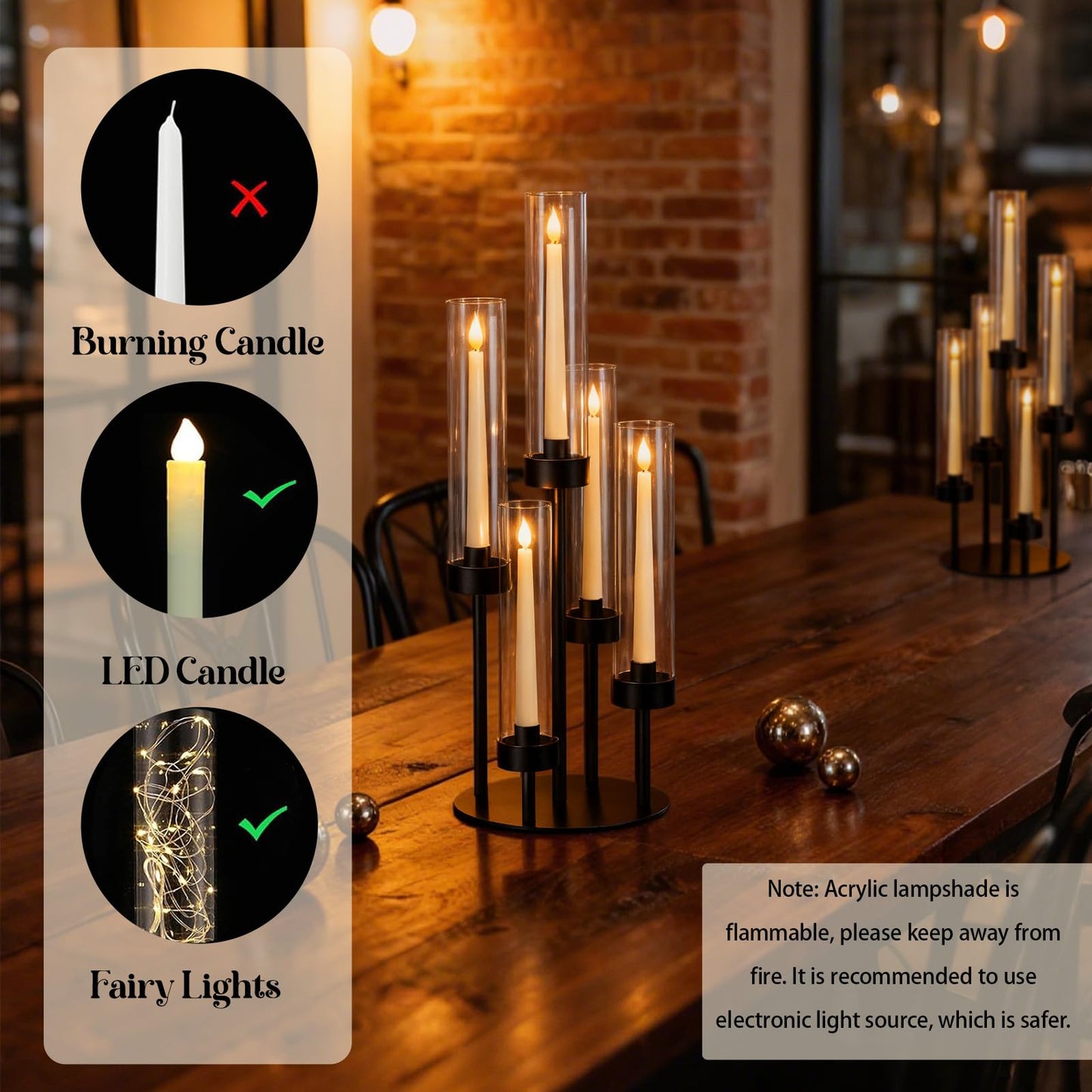 KEHAIL 2Pcs 5-Arm Black Metal Table Candelabra Centerpiece, 22" Tall Acrylic Clear Candlesticks Holder with Shade for Valentines Day Events Party Table Centerpiece,Fit LED Candles