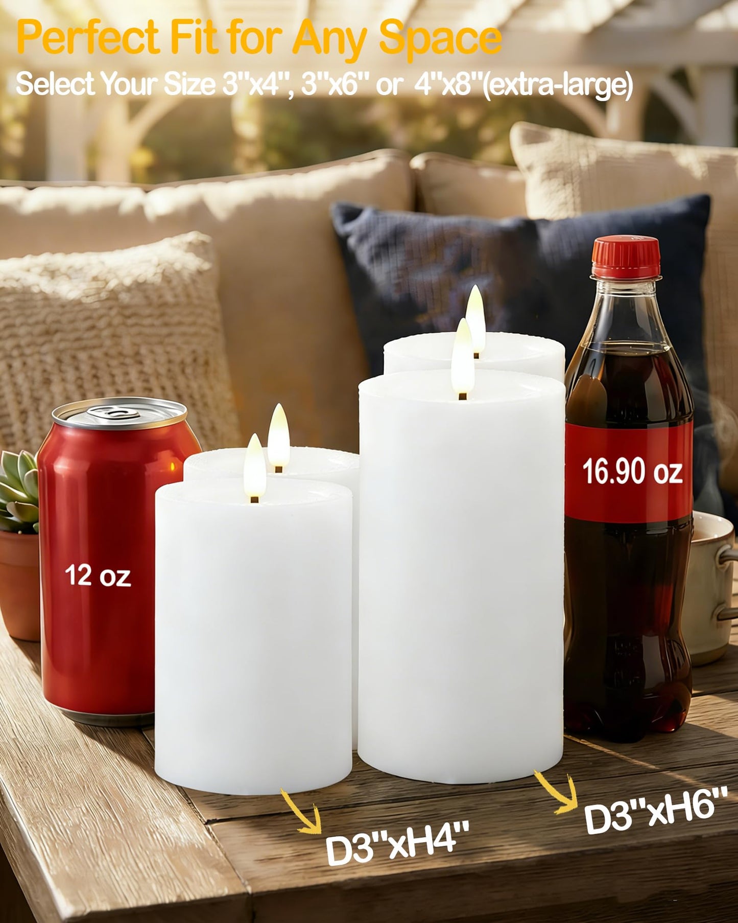 Gmnee 3"x6" Outdoor Waterproof Flameless Candles with Remote and Timers, LED Candles, Battery Operated Candles, Electric Fake Pillar Candles for Patio, Porch, and Lanterns Decor (White, Plastic)