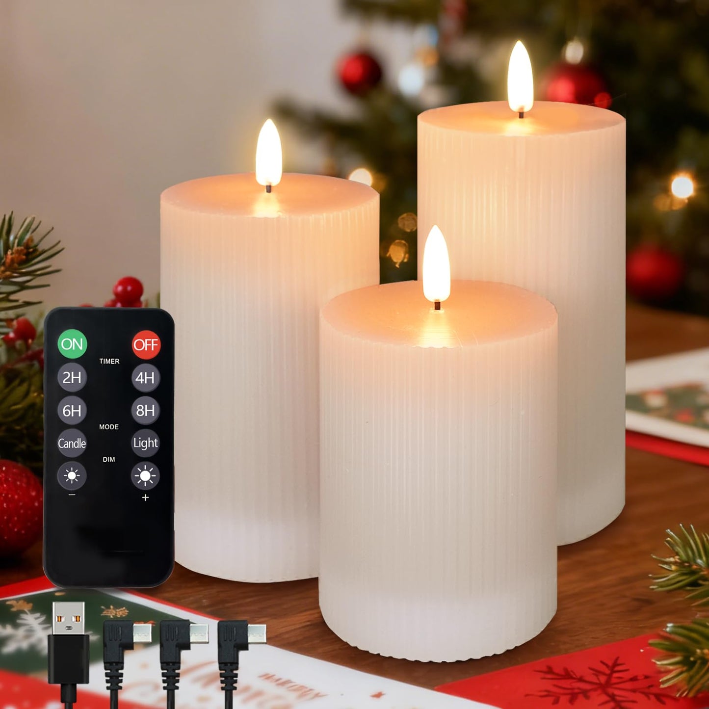 NICE POINT Rechargeable Flameless LED Pillar Candles–Luminous Real Wax Indoor Home Decor–Set of 3, Realistic Flickering LED Flame,Remote & Timer(Light Khaki)