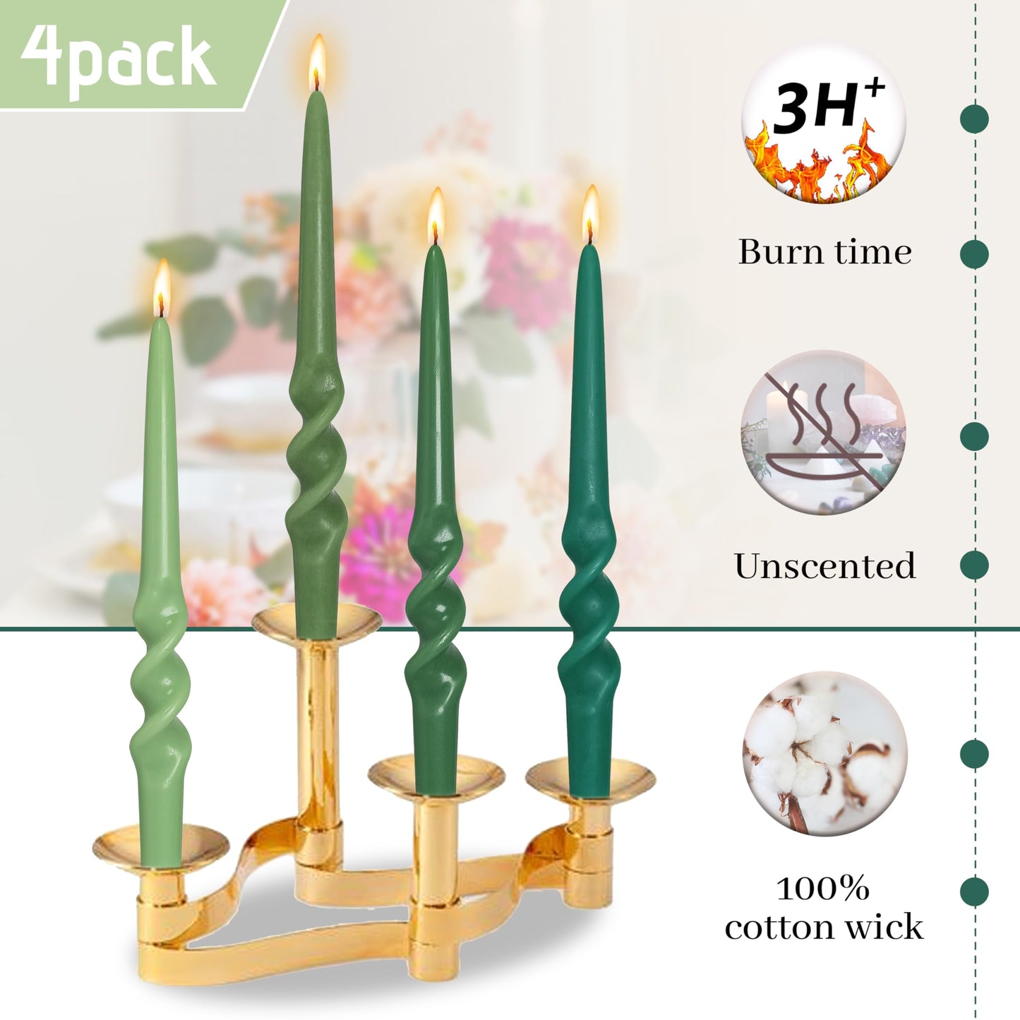 BALEAGCDL Gradient Green Smokeless Candles Handmade Twisted Taper Candle 9.5 Inch Long Spiral Candlesticks Unscented Candles for Holiday Wedding Party Decor Gifts 4 Pcs