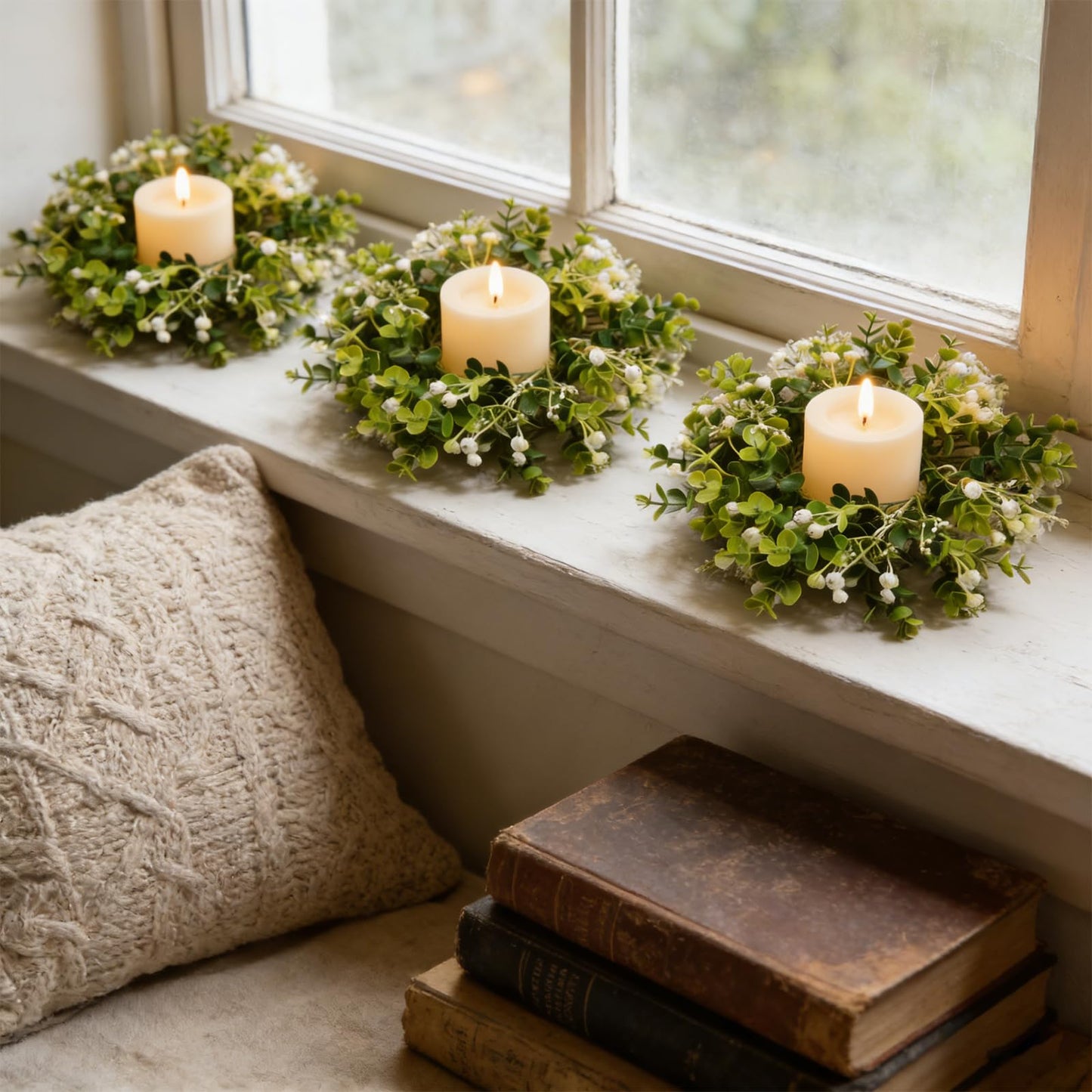 6 Pcs Small Spring Summer Candle Ring Wreaths with Artificial Eucalyptus Greenery White Buds Mini Pillar Candle Holder Wreath for Home Kitchen Cabinets Table Centerpieces Front Door Wedding Decor