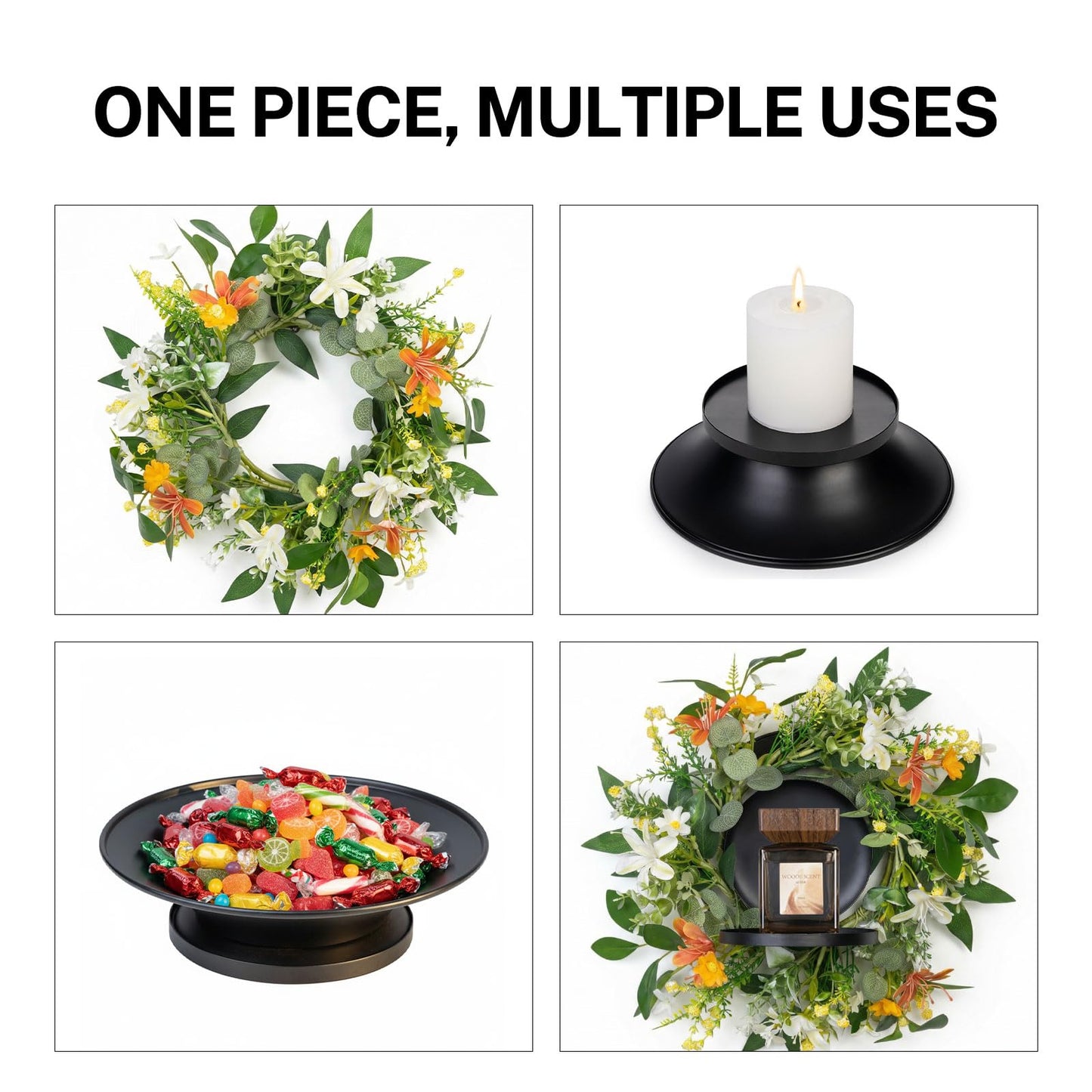 MOYEE Summer Candle Holder Centerpieces for Tables,Candle Ring, Black Metal Candlestick with an Artificial Wreath 14 in Versatile Dining Table Centrepiece (Red Flower Green Leaf Wreath)