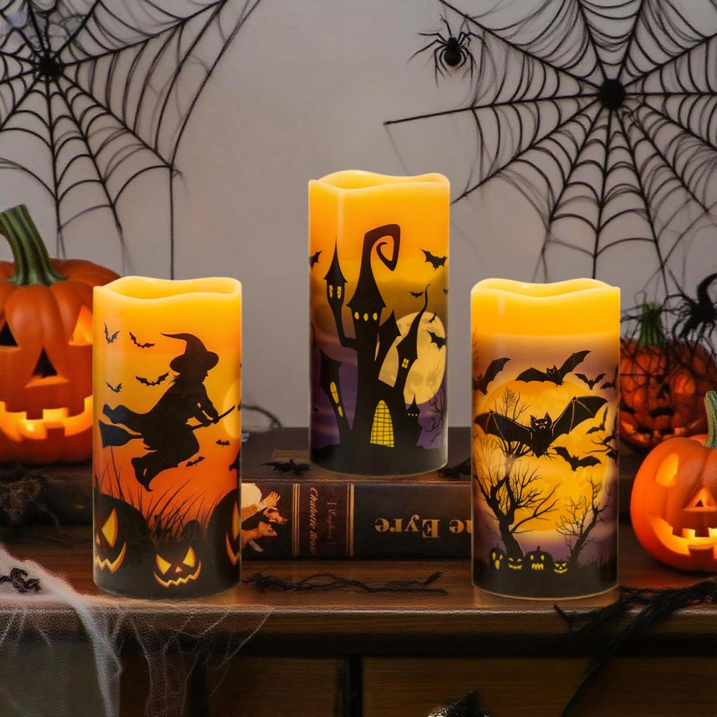 DRomance Rechargeable Halloween Flameless Candles Battery Operated with 6 Hour Timer Real Wax Flickering LED Pillar Candles Bats Witch Pumpkin Dinner Halloween Indoor Deocration(3 Pack, 3" D x 6" H)