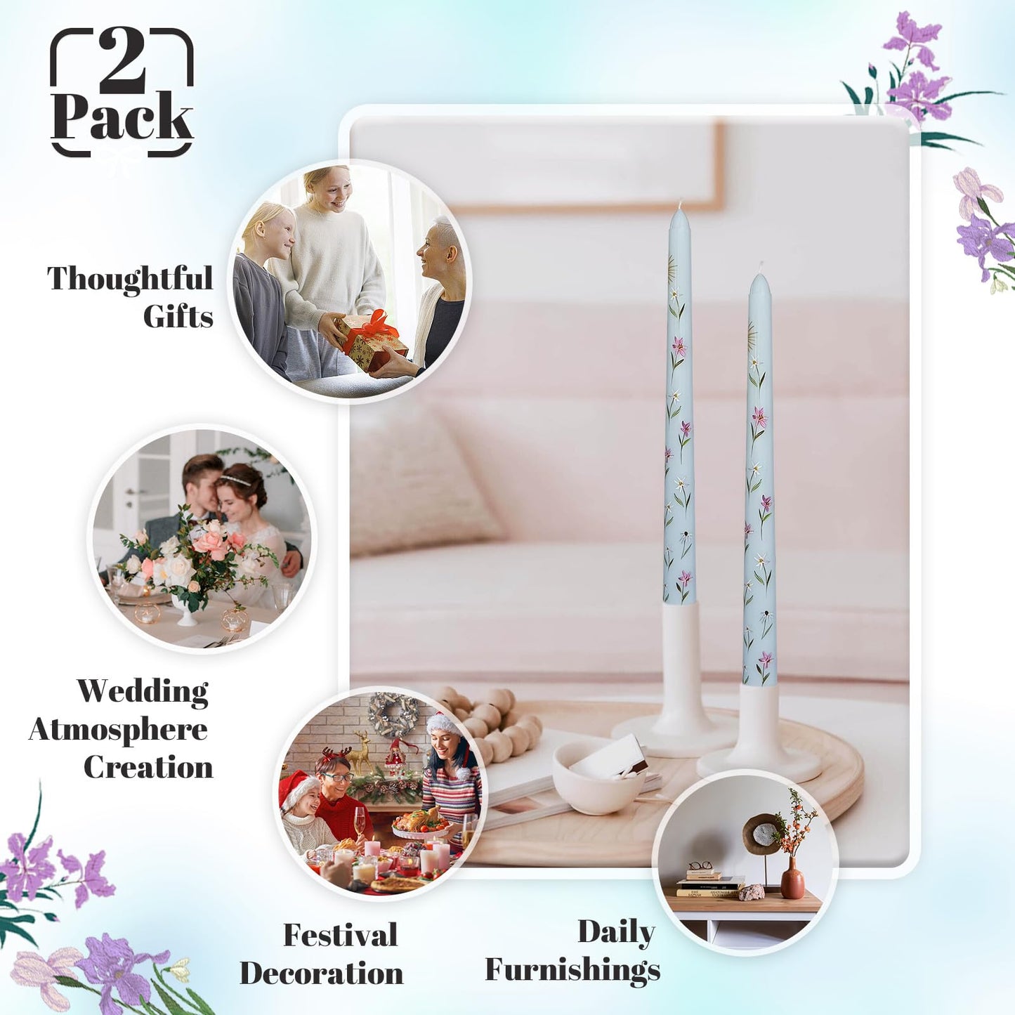 Taper Candles 10 Inch Print Candle Handmade Unscented Light Blue Iris Long Candles 2 Pack Twisted Candlesticks for Wedding Home Decoration Gifts