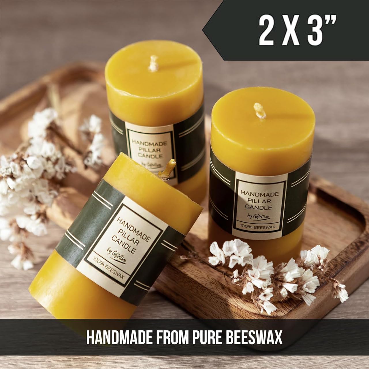 100% Pure Beeswax Pillar Candle Set of 3-21 Hours Lasting Smokeless Pillar Candles with Cotton Wick - Unscented Candle Lover Gift - Dripless Beeswax Pillars