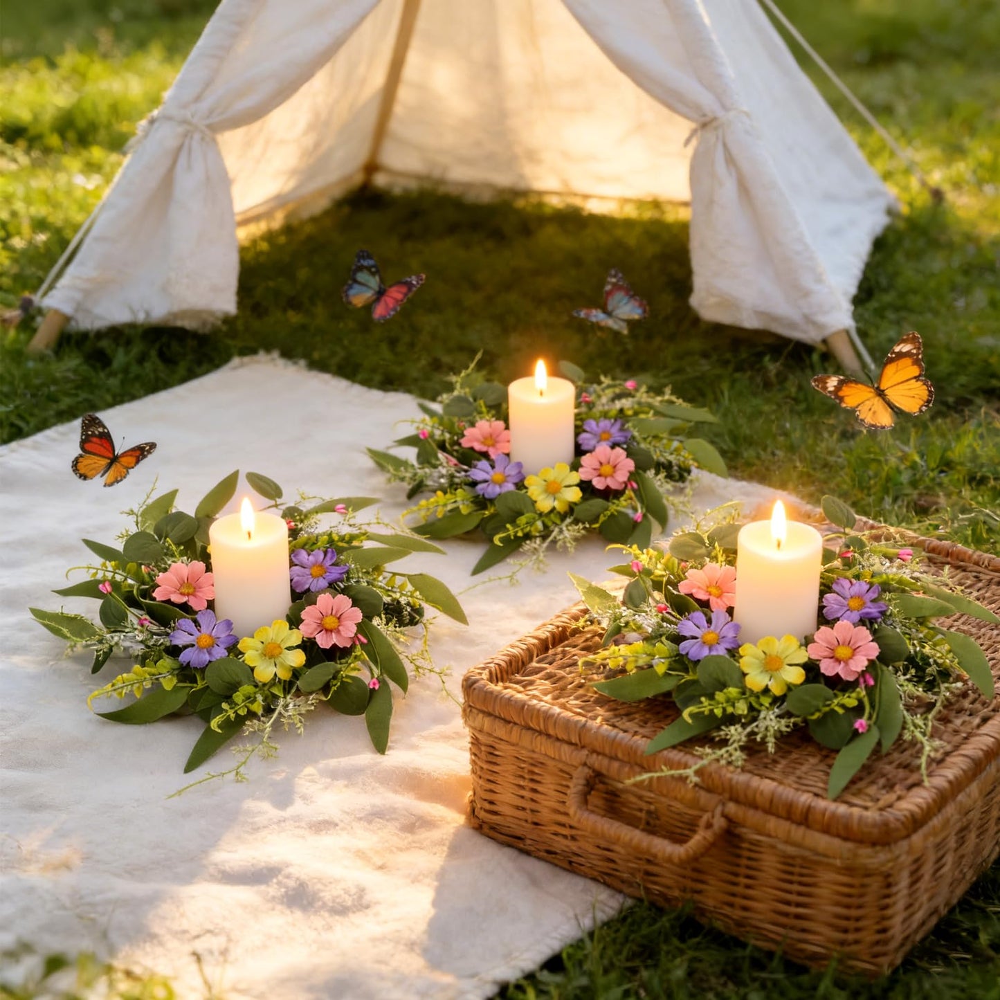 6 Pcs Small Spring Summer Candle Ring Wreaths Artificial Mini Pillar Candle Holder Wreath with Pink Purple Yellow Daisy Flowers and Eucalyptus Leaves for Home Kitchen Table Cnterpieces