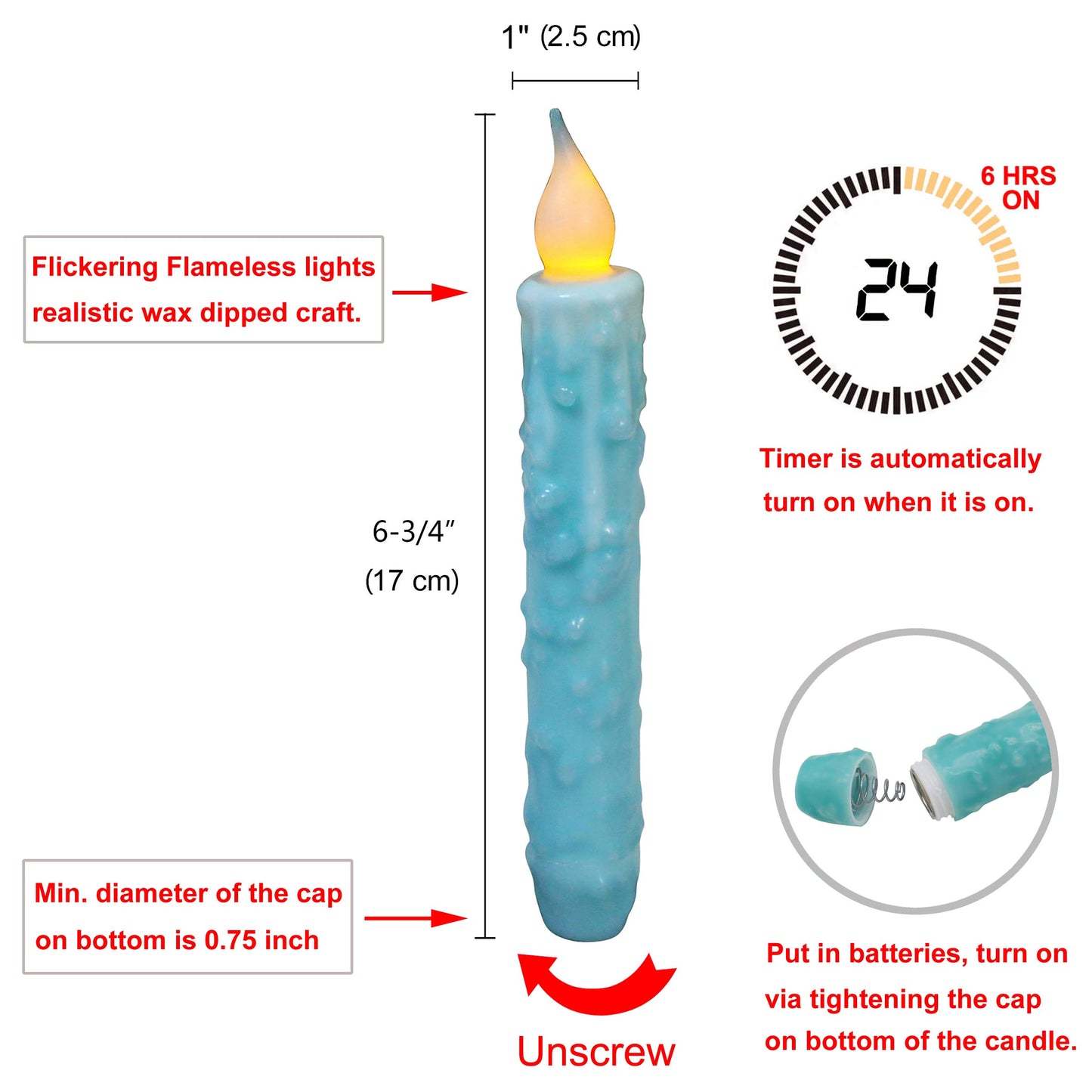 CVHOMEDECO. Real Wax Hand Dipped Battery Operated LED Timer Taper Candles Rustic Primitive Flameless Lights Decor, 6-3/4 Inch, Teal, 3 PCS in a Package