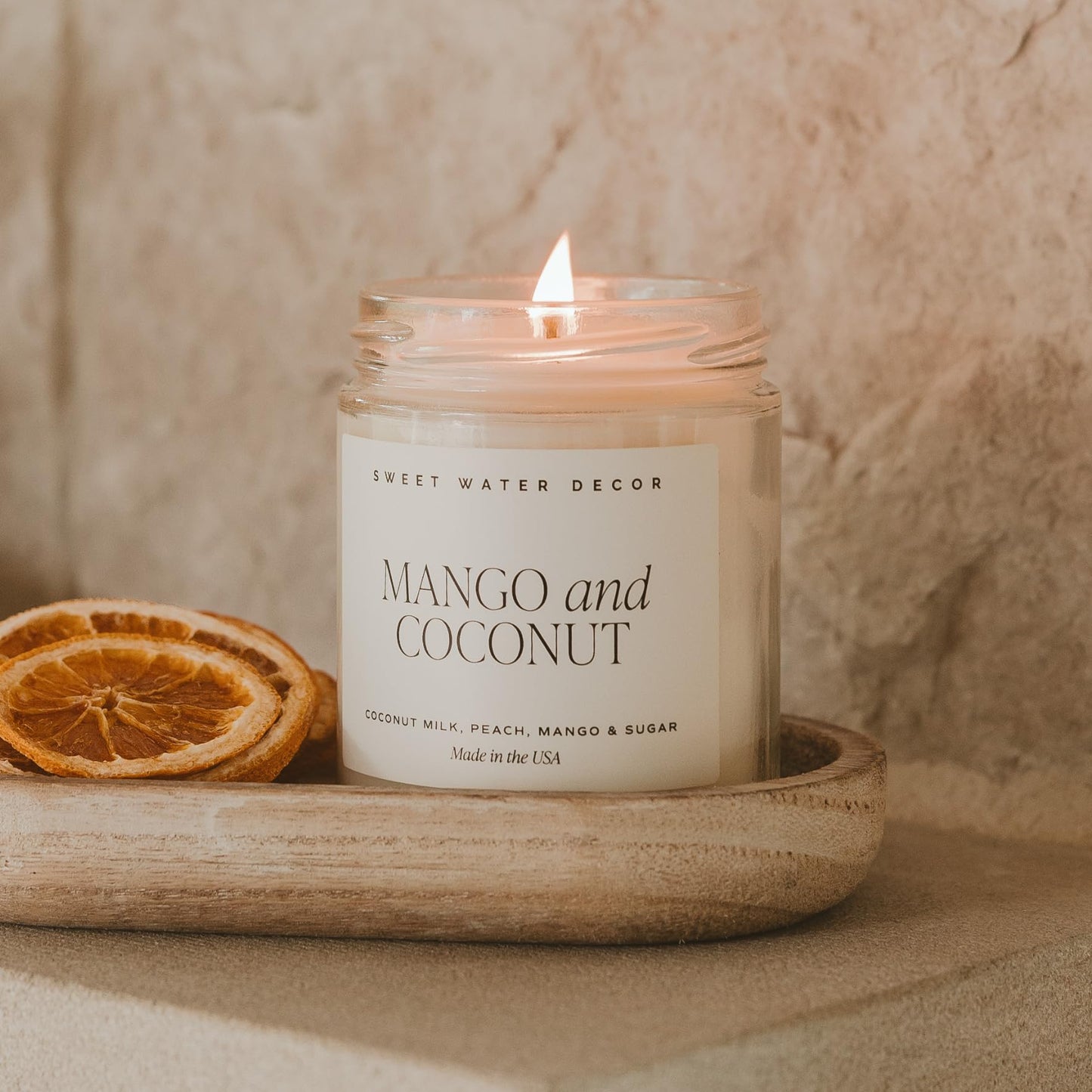 Sweet Water Decor Mango & Coconut Soy Candle - Pineapple, Mango and Orange Scented Summer Candles for Home - 9oz Clear Jar + Gold Lid, 40+ Hour Burn Time, Made in The USA