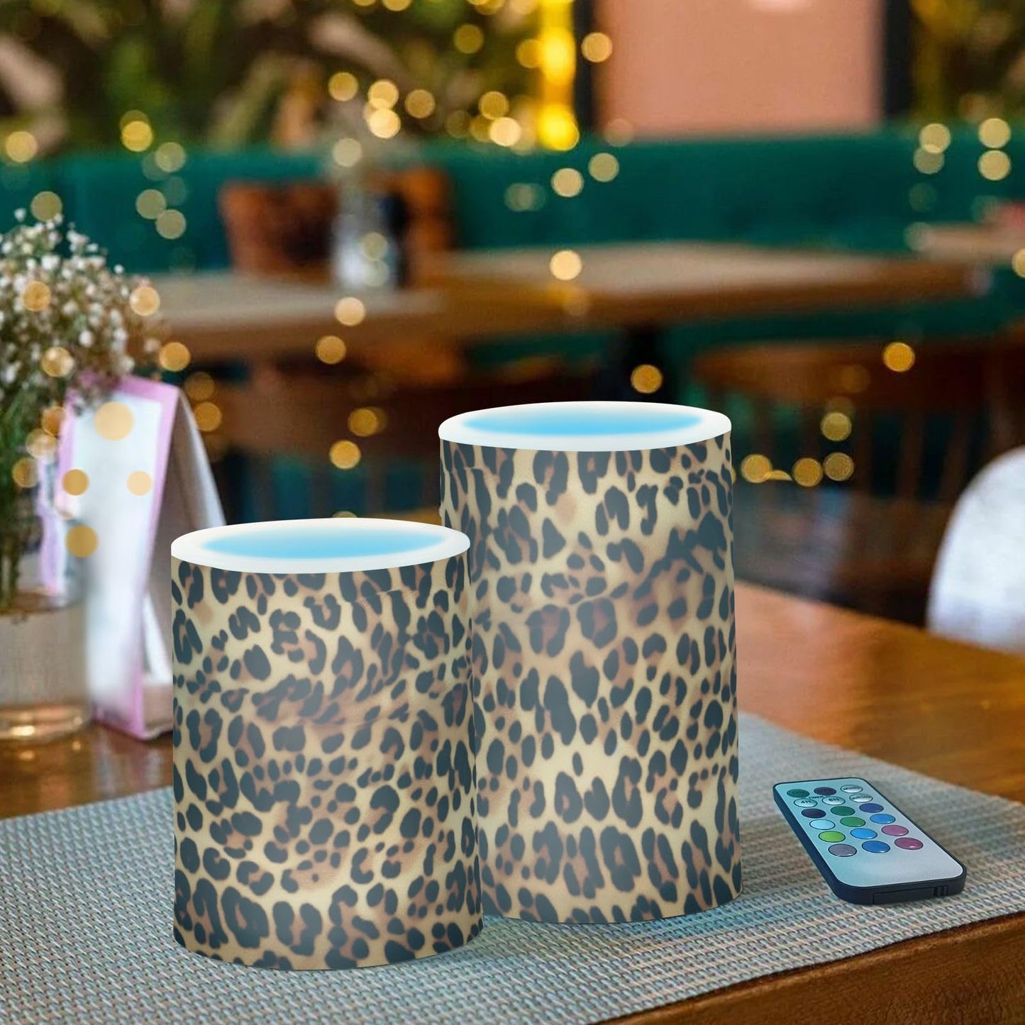 Qilmy Beautiful Leopard Print Flameless Candles 2PCS,Battery Operated LED Pillar Candles with Remote Control, Romantic Radiance Candles