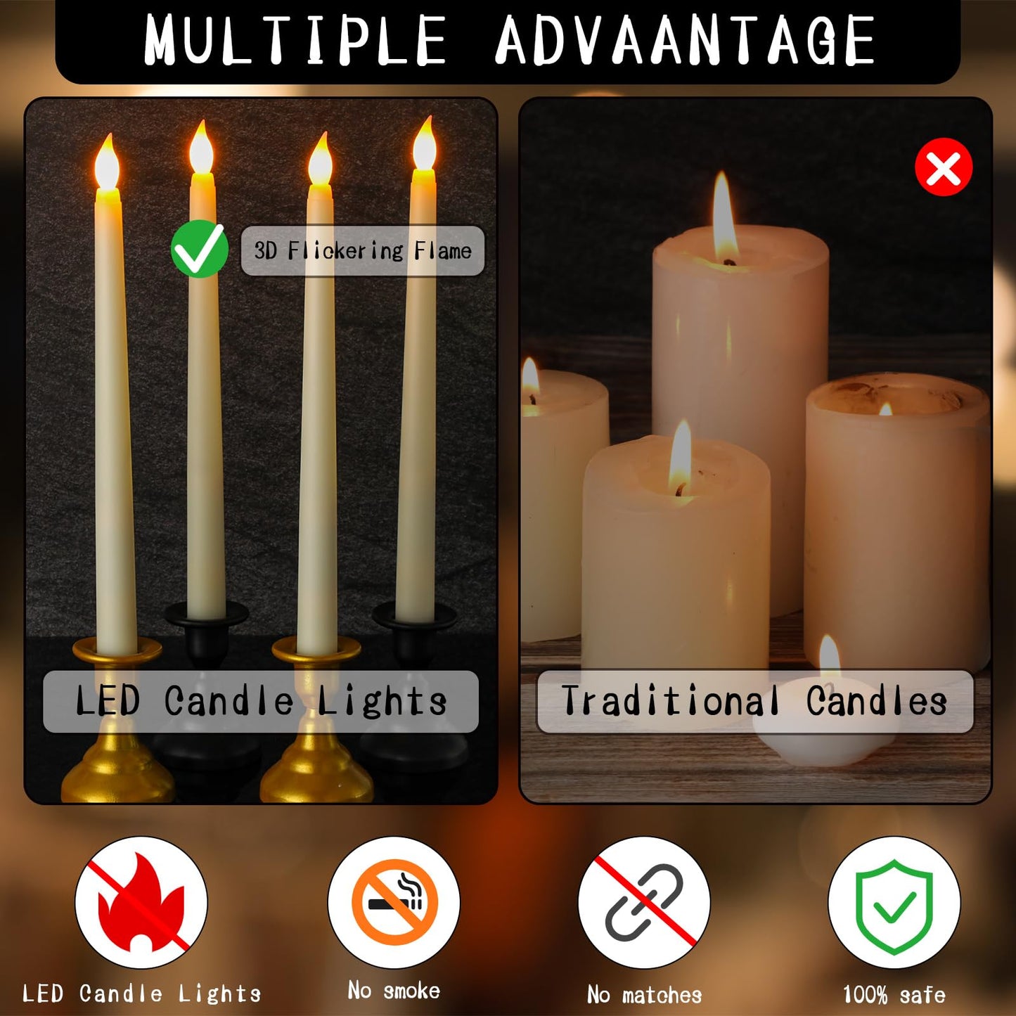 MTLEE 150 Pcs Flameless LED Taper Candles Bulk 11" Battery Operated Taper Candles Flickering for Candlesticks Faux Wax Light for Easter Church Birthday Wedding Party, Ivory White