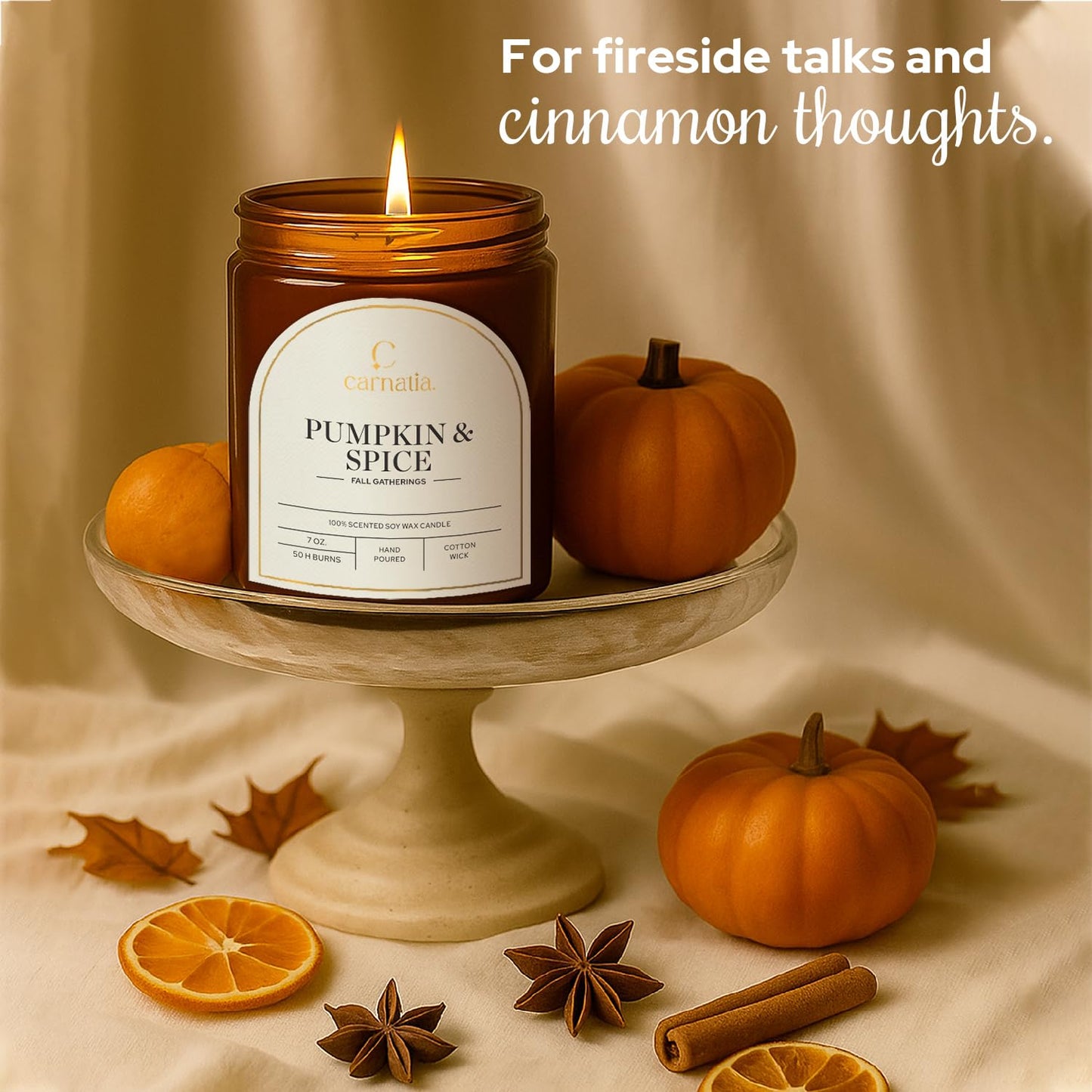 Carnatia Pumpkin & Spice Scented Candle – 7 oz | 100% Soy Wax with Cotton Wick | 50 Hour Burn | Aromatherapy Candle for Home, Cozy Fall Ambience & Relaxation | Gift for Women & Men