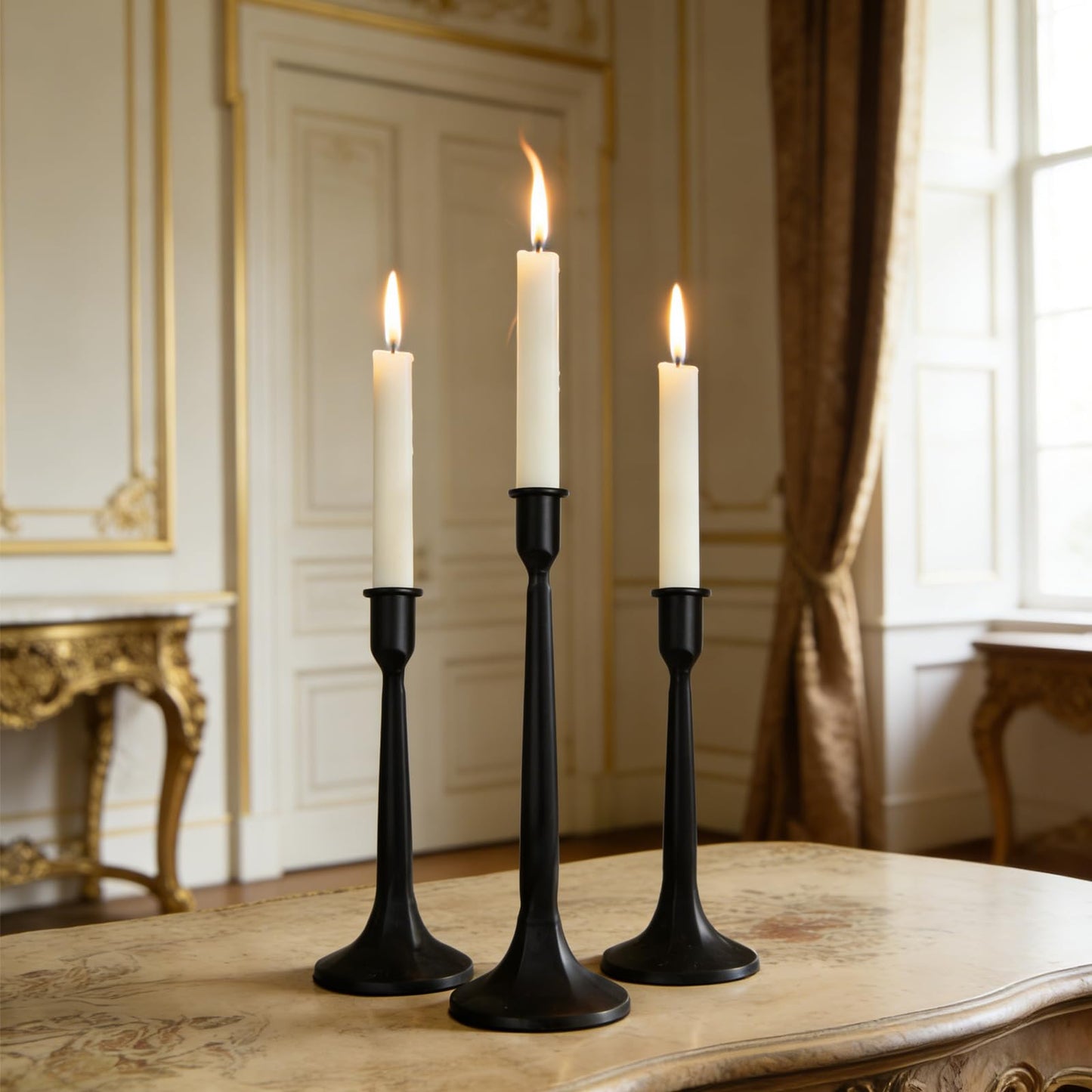 LAJIAOZ Antique Iron Taper Candle Holder Set of 3, Decorative Candlestick Holders for Dining Table, Wedding Centerpiece, Farmhouse & Modern Home Decor, Metal Candle Stands(12" 14" 15.5")(Black)