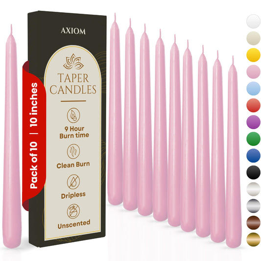 (Pack of 10) Taper Candles Pink -10 Inch Dripless, Smokeless & Unscented - Tall Candlesticks - 9 Hour Burn Time - Tapered Candles for Weddings, Dinner Parties, Home Decor, Birthday Party
