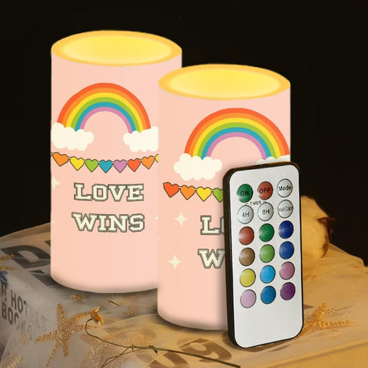 Luarisgur Rainbow Flag Love Wins Flameless Candles 2 Pack 6 x 3 inch Battery Operated Candles with Multicolor Timer Remote Control LED Fake Candles for Warm Light Dinner Table Home Decor
