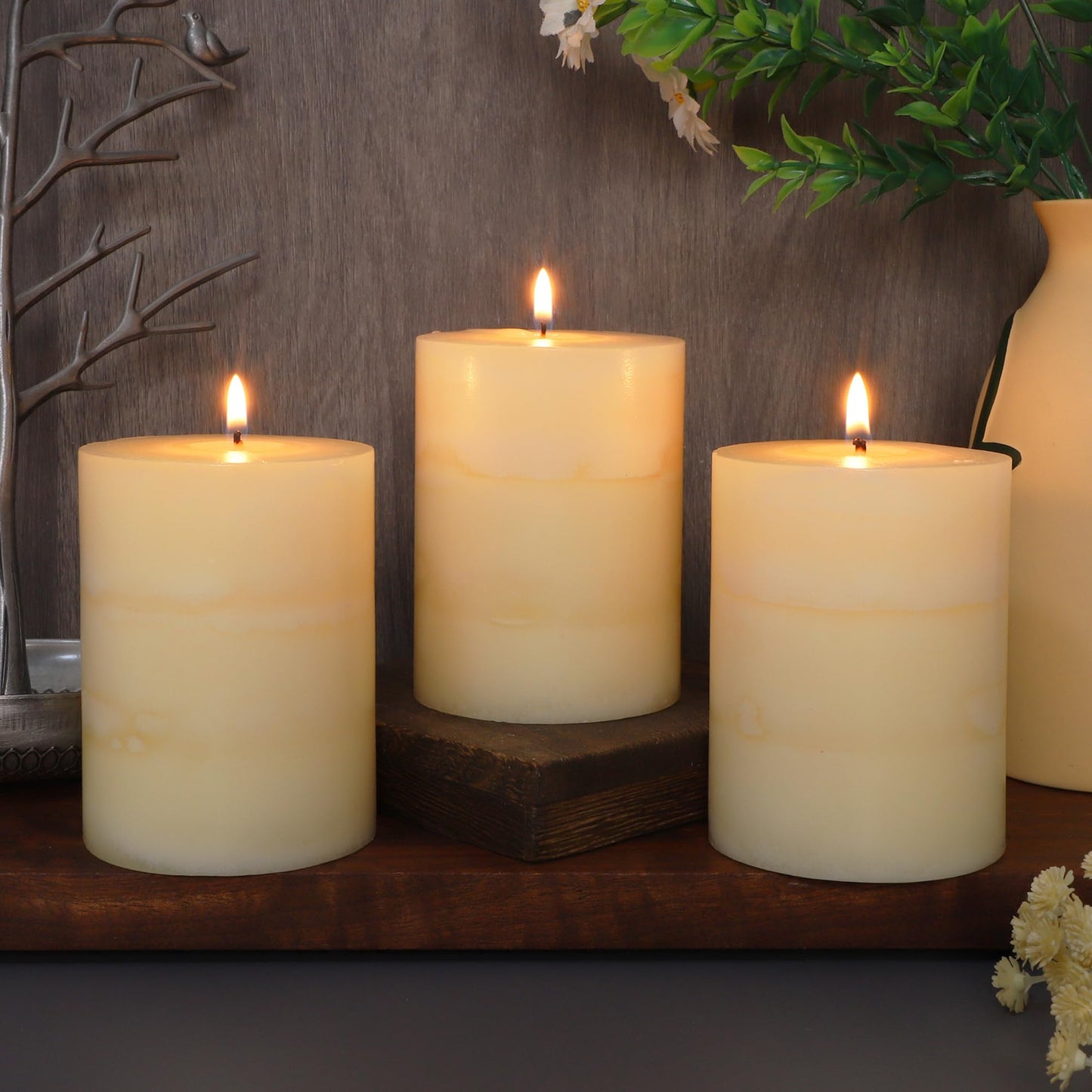FLAVCHARM 3x4 Inches Jasmine Scented Pillar Candles Ivory White Hand-Poured Candle Long Burning Aromatherapy Candle for Home Scented Wedding Bar Centerpiece Table Decoration, 3 Pack
