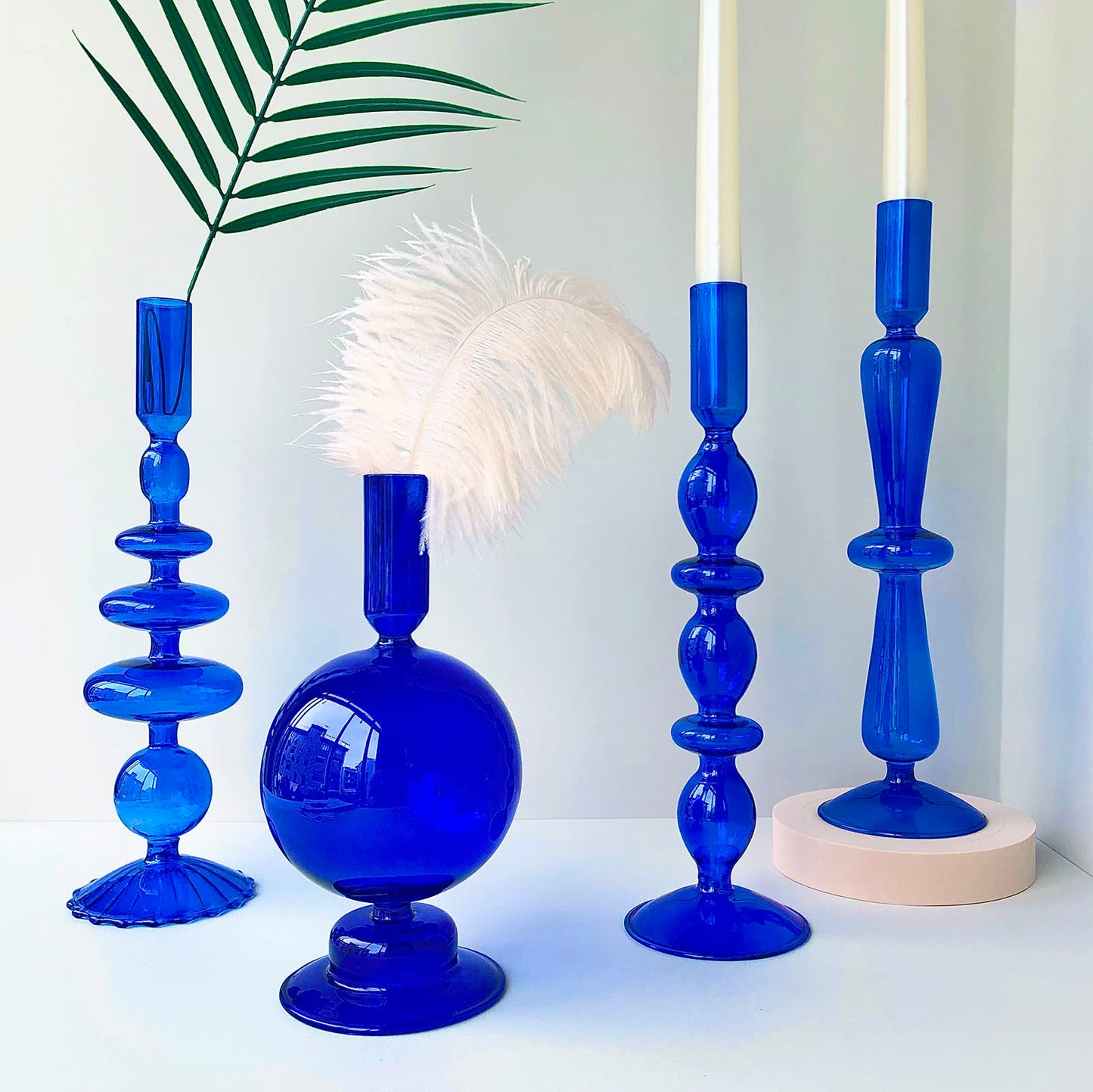 Amanman Candle Stick Candle Holder, Glass Candle Holders for Table Centerpiece, Modern Style Klein Blue Candle Holder Mixed 4pcs