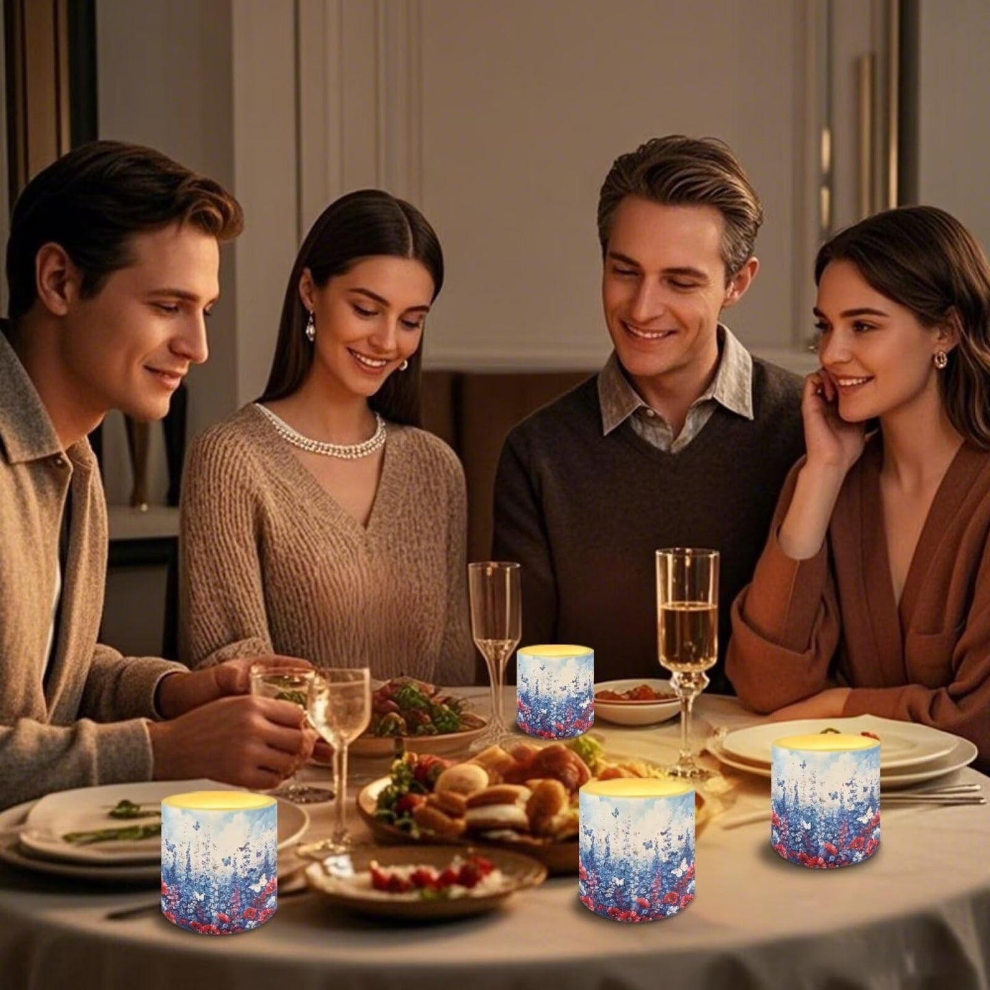 Poceacles 4 PCS LED Flameless Candles Multi-Color Flickering Realistic Battery Powered No Flame Candles with Remote and Timer, Simulated Wick Flame Tealights, Floral Blue Butterfly