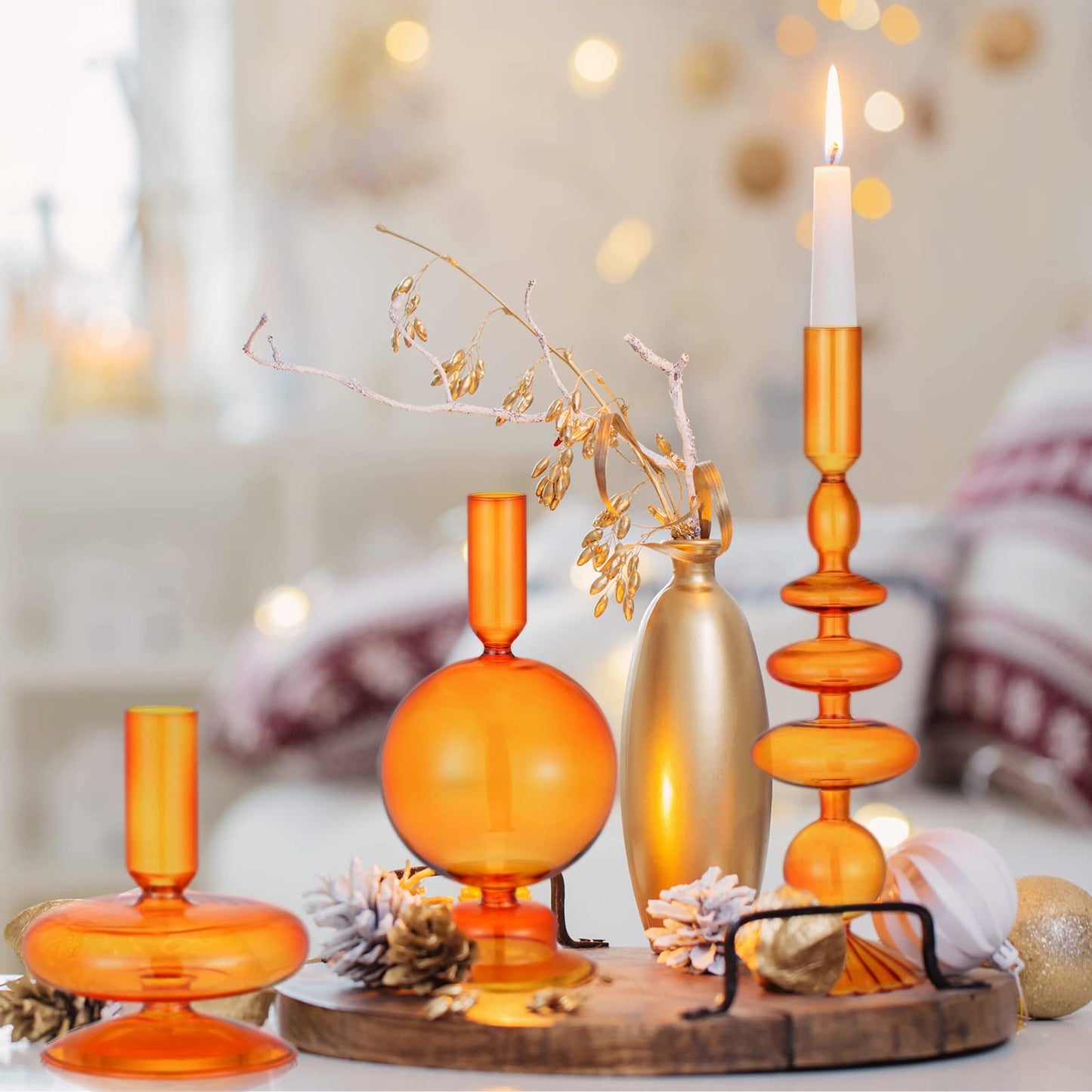 Rtteri 3 Pcs Glass Candlestick Holders Glass Candle Holders Groovy Wavy Elegant Taper Candle Stick for Wedding Home Birthday Party Easter St Patricks Day Decoration Windowsill Decor(Brown)